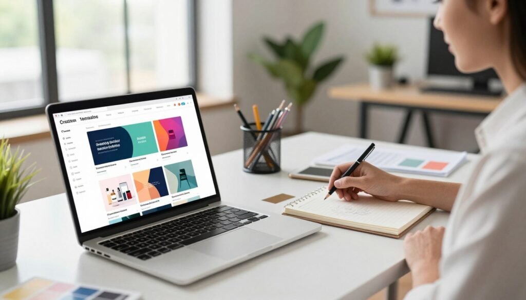 A visually engaging workspace scene that showcases the process of downloading design templates from a creative design platform. In the foreground, a sleek laptop is open, displaying various attractive design templates for e-commerce businesses, with vivid colors and professional aesthetics. To the side, a focused individual in professional attire is interacting with the laptop, demonstrating the ease of use. In the middle, a stylish desk is adorned with design tools, such as a sketchbook and color swatches. In the background, a bright, modern office space with large windows, natural lighting flooding in, and plants adding a touch of greenery, creating an energetic yet professional atmosphere. The composition should evoke a sense of inspiration and creativity. A visually engaging workspace scene that showcases the process of downloading design templates from a creative design platform. In the foreground, a sleek laptop is open, displaying various attractive design templates for e-commerce businesses, with vivid colors and professional aesthetics. To the side, a focused individual in professional attire is interacting with the laptop, demonstrating the ease of use. In the middle, a stylish desk is adorned with design tools, such as a sketchbook and color swatches. In the background, a bright, modern office space with large windows, natural lighting flooding in, and plants adding a touch of greenery, creating an energetic yet professional atmosphere. The composition should evoke a sense of inspiration and creativity.