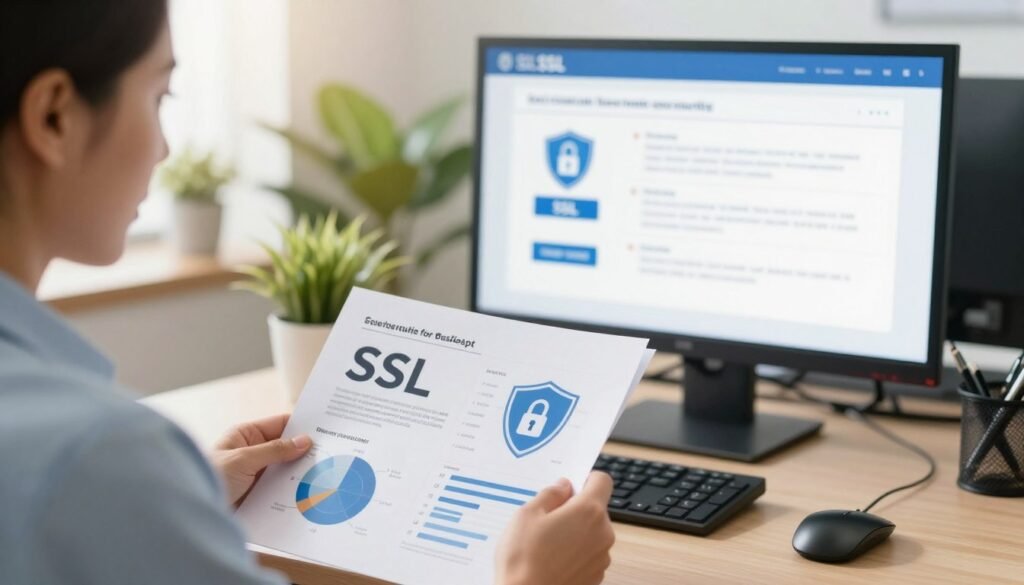 A visually informative scene depicting the concept of selecting suitable SSL certificates for business security. In the foreground, a focused business professional, dressed in smart attire, is reviewing documents with detailed charts and icons representing SSL certificates, such as padlocks and shields. In the middle ground, a modern office setting features a digital screen displaying a comparison of SSL options, highlighting factors like encryption strength and validation types. The background showcases a dynamic workspace with plants and soft lighting, enhancing a professional atmosphere. Use bright, inviting colors to convey a sense of trust and security, with warm, diffused light creating an optimistic mood. A slight depth of field can add focus on the documents and the professional's engaged expression, reflecting serious consideration in their choices. A visually informative scene depicting the concept of selecting suitable SSL certificates for business security. In the foreground, a focused business professional, dressed in smart attire, is reviewing documents with detailed charts and icons representing SSL certificates, such as padlocks and shields. In the middle ground, a modern office setting features a digital screen displaying a comparison of SSL options, highlighting factors like encryption strength and validation types. The background showcases a dynamic workspace with plants and soft lighting, enhancing a professional atmosphere. Use bright, inviting colors to convey a sense of trust and security, with warm, diffused light creating an optimistic mood. A slight depth of field can add focus on the documents and the professional's engaged expression, reflecting serious consideration in their choices.