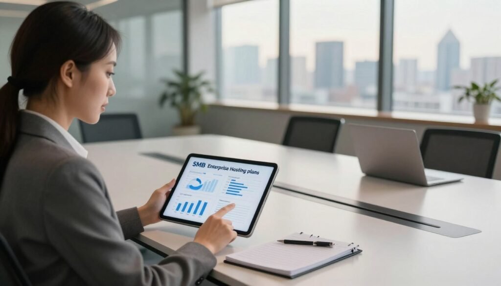 A visually striking comparison of SMB and enterprise hosting plans, featuring two distinct sections within the image. In the foreground, a professional businesswoman in smart attire is analyzing a digital tablet displaying graphs and metrics that represent each hosting plan. The middle ground shows a sleek, modern conference table with laptops and notepads laid out, symbolizing collaboration. In the background, a high-tech office environment with large windows revealing a city skyline, illuminated by soft, natural light. The mood is focused and informative, with a warm color palette to convey professionalism and clarity. The camera angle is slightly elevated to capture the scene's depth, emphasizing the contrast between the two hosting environments and their respective complexities. A visually striking comparison of SMB and enterprise hosting plans, featuring two distinct sections within the image. In the foreground, a professional businesswoman in smart attire is analyzing a digital tablet displaying graphs and metrics that represent each hosting plan. The middle ground shows a sleek, modern conference table with laptops and notepads laid out, symbolizing collaboration. In the background, a high-tech office environment with large windows revealing a city skyline, illuminated by soft, natural light. The mood is focused and informative, with a warm color palette to convey professionalism and clarity. The camera angle is slightly elevated to capture the scene's depth, emphasizing the contrast between the two hosting environments and their respective complexities.