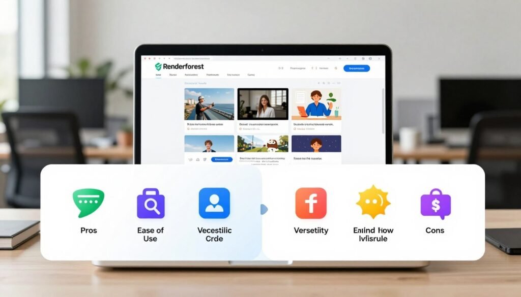 A visually striking composition depicting the pros and cons evaluation of a creative platform, focusing on Renderforest's video creation tools. In the foreground, a split-screen style arrangement features vibrant icons representing the pros on one side—like creativity, ease of use, and versatility—juxtaposed against the cons—such as limitations in customization and pricing concerns—on the other. The middle layer includes a modern laptop displaying Renderforest’s interface, surrounded by illustrations of video projects. The background should feature a blurred office environment with soft, natural lighting to create a professional atmosphere. Use a wide-angle lens to capture the entire scene while maintaining a clean, polished look, reflecting productivity and thoughtful evaluation. A visually striking composition depicting the pros and cons evaluation of a creative platform, focusing on Renderforest's video creation tools. In the foreground, a split-screen style arrangement features vibrant icons representing the pros on one side—like creativity, ease of use, and versatility—juxtaposed against the cons—such as limitations in customization and pricing concerns—on the other. The middle layer includes a modern laptop displaying Renderforest’s interface, surrounded by illustrations of video projects. The background should feature a blurred office environment with soft, natural lighting to create a professional atmosphere. Use a wide-angle lens to capture the entire scene while maintaining a clean, polished look, reflecting productivity and thoughtful evaluation.