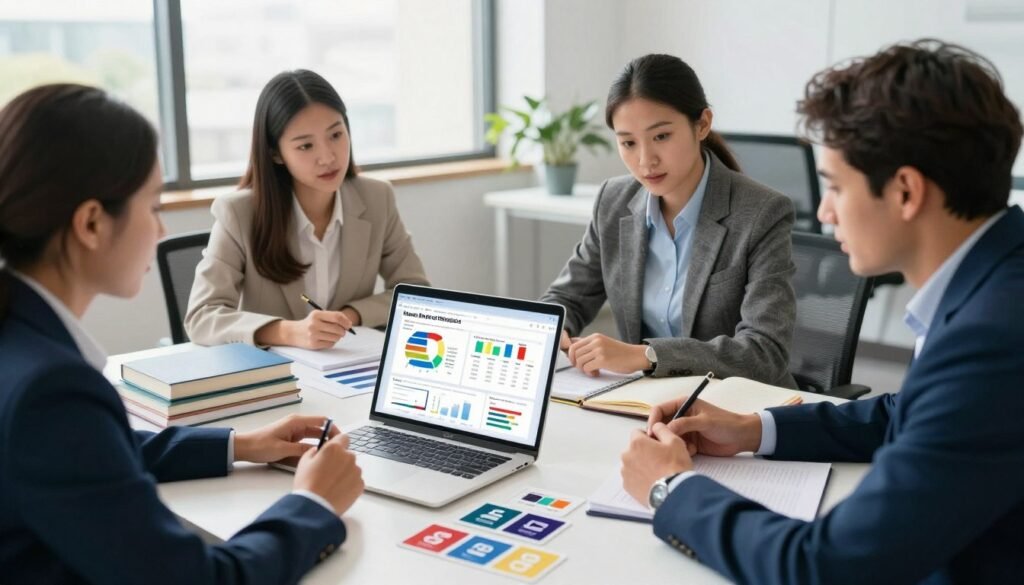 A visually striking concept illustrating the theme of test prep marketing and affiliate reviews. In the foreground, a diverse group of three professionals in smart business attire, deeply engaged in a discussion around a sleek laptop displaying colorful graphs and statistics related to test prep services. In the middle ground, an assortment of study materials, including books and flashcards, scattered on a collaborative workspace table, highlighting the range of subjects like GRE and GMAT. The background features a modern office environment with large windows allowing natural light to flood in, creating a vibrant, motivating atmosphere. Use a wide-angle perspective to emphasize collaboration and the dynamic nature of marketing strategies. The overall mood should be one of focus, professionalism, and innovation, inviting viewers into the world of expert test preparation. A visually striking concept illustrating the theme of test prep marketing and affiliate reviews. In the foreground, a diverse group of three professionals in smart business attire, deeply engaged in a discussion around a sleek laptop displaying colorful graphs and statistics related to test prep services. In the middle ground, an assortment of study materials, including books and flashcards, scattered on a collaborative workspace table, highlighting the range of subjects like GRE and GMAT. The background features a modern office environment with large windows allowing natural light to flood in, creating a vibrant, motivating atmosphere. Use a wide-angle perspective to emphasize collaboration and the dynamic nature of marketing strategies. The overall mood should be one of focus, professionalism, and innovation, inviting viewers into the world of expert test preparation.