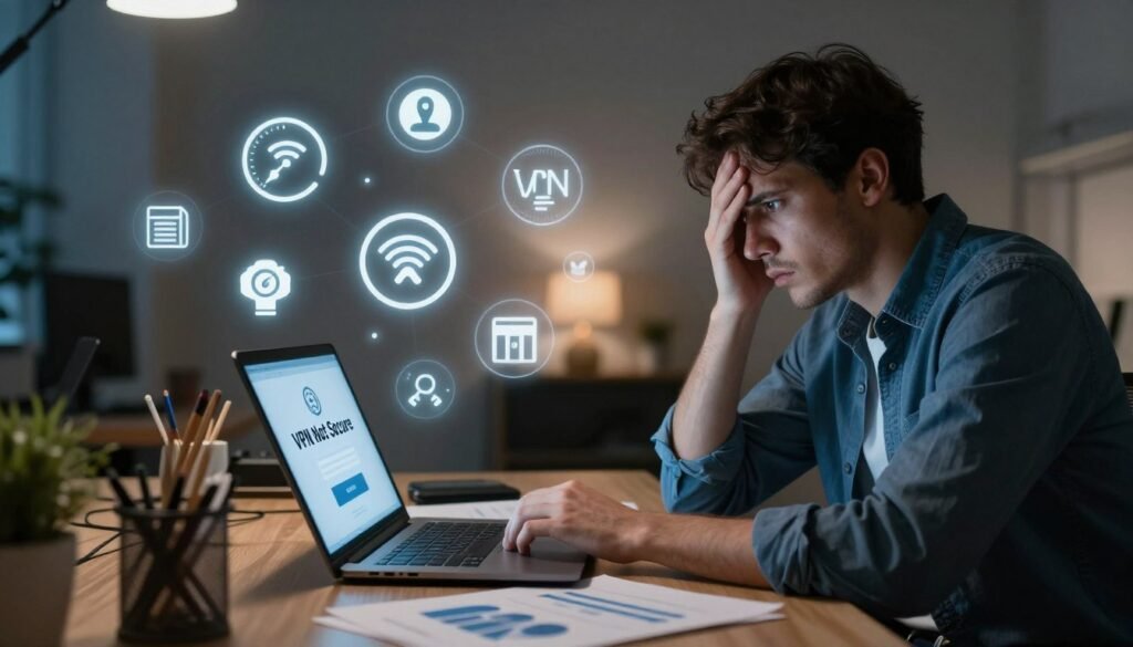 A visually striking image illustrating the drawbacks of VPN usage. In the foreground, a worried professional in smart casual attire sits at a desk cluttered with tech gadgets and charts, looking concerned while examining a laptop screen that displays a "VPN Not Secure" warning. In the middle ground, various symbols representing VPN drawbacks—such as slow internet speed, data privacy concerns, and limited access to content—are visually integrated, perhaps as light icons hovering around the laptop. In the background, a dimly lit room with soft, ambient lighting creates a moody atmosphere, enhancing the sense of unease. The scene should evoke contemplation, inviting viewers to consider the potential pitfalls of VPN use without any text or captions. A visually striking image illustrating the drawbacks of VPN usage. In the foreground, a worried professional in smart casual attire sits at a desk cluttered with tech gadgets and charts, looking concerned while examining a laptop screen that displays a "VPN Not Secure" warning. In the middle ground, various symbols representing VPN drawbacks—such as slow internet speed, data privacy concerns, and limited access to content—are visually integrated, perhaps as light icons hovering around the laptop. In the background, a dimly lit room with soft, ambient lighting creates a moody atmosphere, enhancing the sense of unease. The scene should evoke contemplation, inviting viewers to consider the potential pitfalls of VPN use without any text or captions.