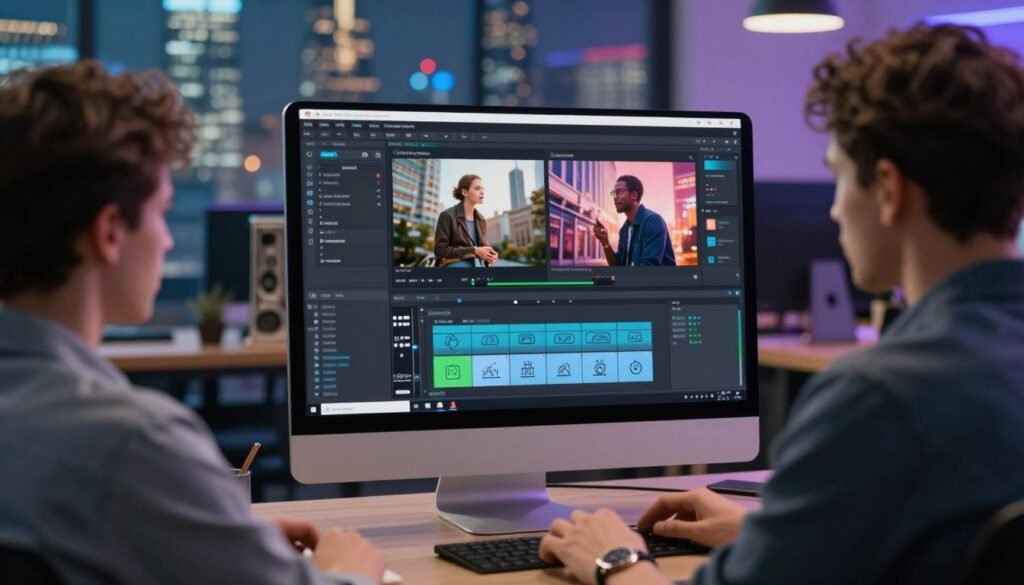 A visually striking representation of the evolution of video editing platforms, featuring a modern workspace with a sleek computer screen displaying the VEED interface in action. In the foreground, a professional user, dressed in smart casual attire, is focused on the screen, showcasing a dynamic editing process. The middle ground includes various elements symbolizing advancement, such as old-fashioned editing tools transitioning into digital icons, illustrating the journey of technology. In the background, a vibrant cityscape represents the future of online video editing. Soft, ambient lighting enhances the innovation theme, while a slight lens blur on the background adds depth, creating an atmosphere of inspiration and professional creativity. A visually striking representation of the evolution of video editing platforms, featuring a modern workspace with a sleek computer screen displaying the VEED interface in action. In the foreground, a professional user, dressed in smart casual attire, is focused on the screen, showcasing a dynamic editing process. The middle ground includes various elements symbolizing advancement, such as old-fashioned editing tools transitioning into digital icons, illustrating the journey of technology. In the background, a vibrant cityscape represents the future of online video editing. Soft, ambient lighting enhances the innovation theme, while a slight lens blur on the background adds depth, creating an atmosphere of inspiration and professional creativity.