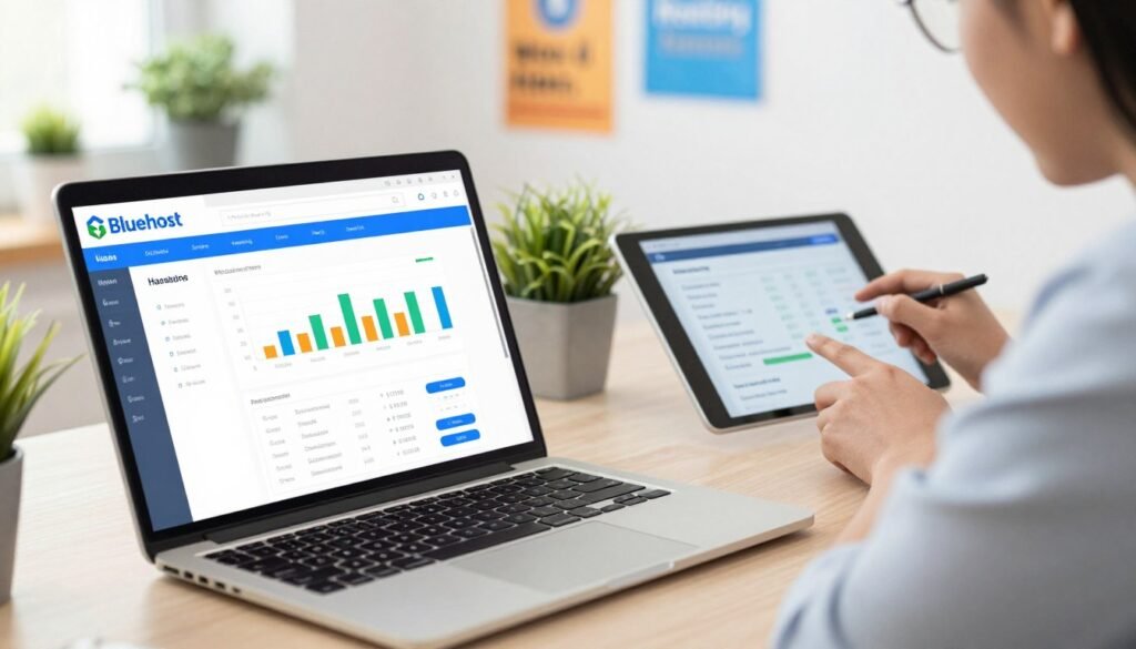 A visually striking representation of the features and offers of BlueHost hosting services. In the foreground, showcase a sleek laptop displaying a colorful dashboard with web hosting statistics, graphs, and attractive user interface elements related to BlueHost. In the middle ground, display a well-organized workspace with a professional person in business attire thoughtfully reviewing hosting plans on a tablet. The background features a soft-focus office environment with potted plants and motivational posters about technology and innovation. Use bright, inviting lighting to create a cheerful, optimistic mood, capturing the essence of modern web hosting. The angle should be slightly elevated, giving a dynamic view of the workspace scene without any text or logos. A visually striking representation of the features and offers of BlueHost hosting services. In the foreground, showcase a sleek laptop displaying a colorful dashboard with web hosting statistics, graphs, and attractive user interface elements related to BlueHost. In the middle ground, display a well-organized workspace with a professional person in business attire thoughtfully reviewing hosting plans on a tablet. The background features a soft-focus office environment with potted plants and motivational posters about technology and innovation. Use bright, inviting lighting to create a cheerful, optimistic mood, capturing the essence of modern web hosting. The angle should be slightly elevated, giving a dynamic view of the workspace scene without any text or logos.