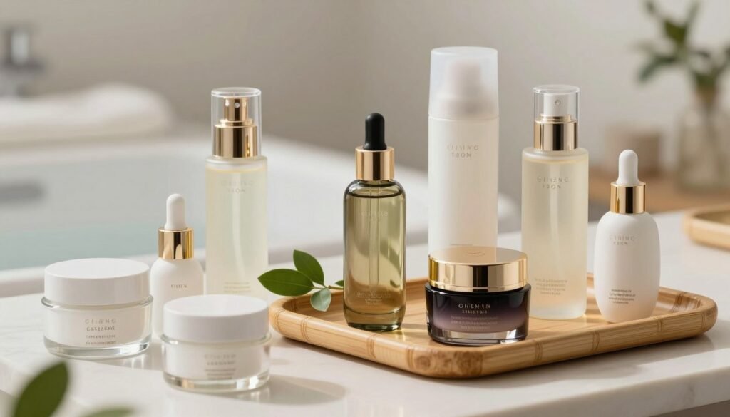 A visually stunning display of luxurious skincare collections featuring beautifully arranged skincare bottles and jars in varied shapes and sizes. The foreground showcases an elegant assortment of products with sleek, modern designs, glimmering under soft, diffused lighting that highlights their textures. The middle ground includes a stylish bamboo tray, adding an organic touch, while delicate green leaves accentuate the scene. The background features a softly blurred setting with a serene color palette, conveying tranquility and sophistication, reminiscent of a high-end spa environment. The composition is shot from a slightly elevated angle, creating depth and drawing the viewer’s eye to the featured products. The overall atmosphere is calm, inviting, and professional, emphasizing the quality and elegance of the signature skincare collections. A visually stunning display of luxurious skincare collections featuring beautifully arranged skincare bottles and jars in varied shapes and sizes. The foreground showcases an elegant assortment of products with sleek, modern designs, glimmering under soft, diffused lighting that highlights their textures. The middle ground includes a stylish bamboo tray, adding an organic touch, while delicate green leaves accentuate the scene. The background features a softly blurred setting with a serene color palette, conveying tranquility and sophistication, reminiscent of a high-end spa environment. The composition is shot from a slightly elevated angle, creating depth and drawing the viewer’s eye to the featured products. The overall atmosphere is calm, inviting, and professional, emphasizing the quality and elegance of the signature skincare collections.