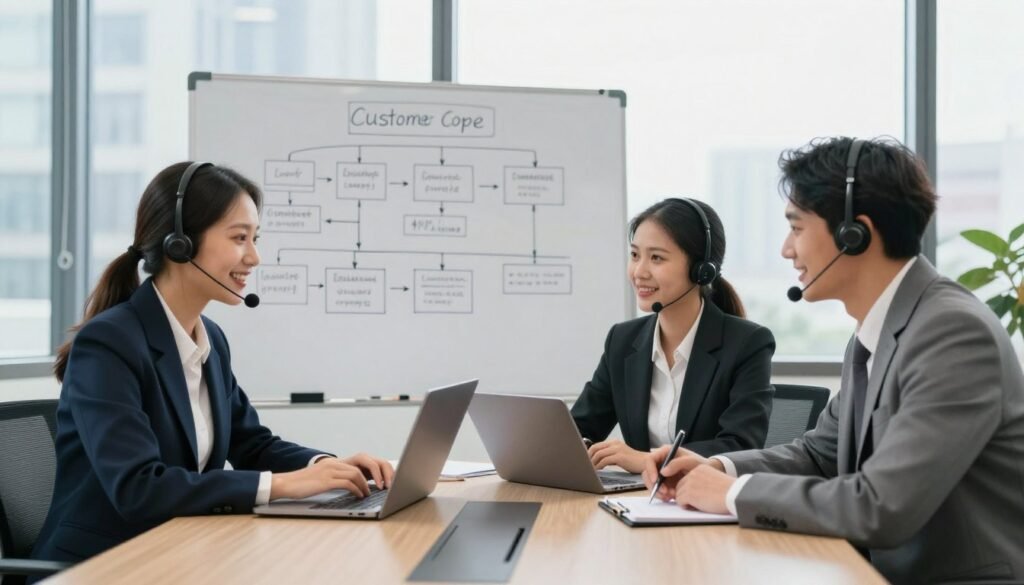 A well-lit customer support office environment, showcasing a diverse team of three professionals in business attire, engaged in conversation around a modern conference table. In the foreground, one person is on a laptop with a friendly smile, while another is taking notes on a tablet. The middle ground features a whiteboard filled with flowcharts displaying various workflow processes, symbolizing streamlined operations. The background depicts a window with soft natural light filtering in, revealing a cityscape. The mood is collaborative and focused, conveying a sense of teamwork and dedication to quality customer service. Use a wide-angle lens to capture the entire scene effectively, ensuring clarity and depth in the image without any text or overlays. A well-lit customer support office environment, showcasing a diverse team of three professionals in business attire, engaged in conversation around a modern conference table. In the foreground, one person is on a laptop with a friendly smile, while another is taking notes on a tablet. The middle ground features a whiteboard filled with flowcharts displaying various workflow processes, symbolizing streamlined operations. The background depicts a window with soft natural light filtering in, revealing a cityscape. The mood is collaborative and focused, conveying a sense of teamwork and dedication to quality customer service. Use a wide-angle lens to capture the entire scene effectively, ensuring clarity and depth in the image without any text or overlays.