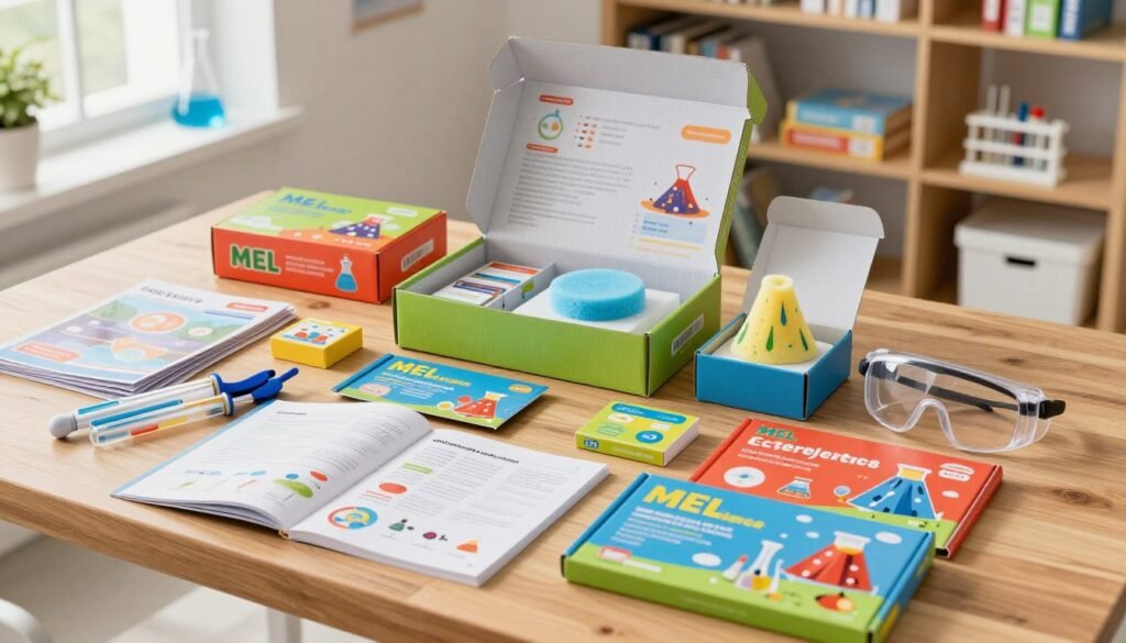 A well-organized MEL Science box unboxing scene, spread across a wooden table. In the foreground, focus on vibrant, neatly arranged science kits with colorful packaging, including chemistry experiment kits, instruction manuals, and lab equipment like test tubes, beakers, and safety goggles. In the middle, display a partially open box revealing various components, with one or two experiments like a foam volcano and an electrolyte solution setup. In the background, softly blurred laboratory tools and bookshelves filled with educational resources create a scholarly atmosphere. Use natural lighting from a nearby window to enhance the vivid colors and details, shot with a slightly elevated angle for an engaging perspective. The mood is exciting and inviting, inviting viewers to explore the wonders of science. A well-organized MEL Science box unboxing scene, spread across a wooden table. In the foreground, focus on vibrant, neatly arranged science kits with colorful packaging, including chemistry experiment kits, instruction manuals, and lab equipment like test tubes, beakers, and safety goggles. In the middle, display a partially open box revealing various components, with one or two experiments like a foam volcano and an electrolyte solution setup. In the background, softly blurred laboratory tools and bookshelves filled with educational resources create a scholarly atmosphere. Use natural lighting from a nearby window to enhance the vivid colors and details, shot with a slightly elevated angle for an engaging perspective. The mood is exciting and inviting, inviting viewers to explore the wonders of science.