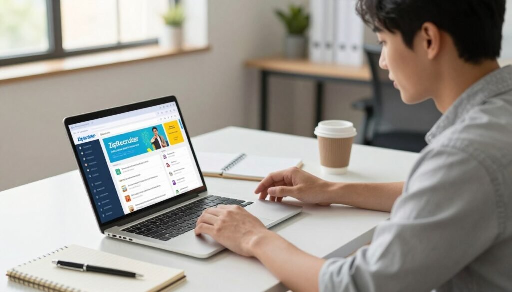 A young professional sitting at a modern desk, eagerly browsing job listings on ZipRecruiter displayed on a sleek laptop. The foreground features the laptop screen showing a colorful job search interface with various listings. In the middle ground, a well-organized workspace with a notepad, pen, and a coffee mug, conveying an atmosphere of productivity and focus. The background features a softly blurred office environment with natural light streaming in through large windows, creating a warm, inviting ambiance. The young professional is dressed in business casual attire, looking motivated and determined. The scene captures a moment of hope and ambition in the American job market, emphasizing the significance of online job hunting. The overall mood is optimistic and inspiring, highlighting the pursuit of career opportunities. A young professional sitting at a modern desk, eagerly browsing job listings on ZipRecruiter displayed on a sleek laptop. The foreground features the laptop screen showing a colorful job search interface with various listings. In the middle ground, a well-organized workspace with a notepad, pen, and a coffee mug, conveying an atmosphere of productivity and focus. The background features a softly blurred office environment with natural light streaming in through large windows, creating a warm, inviting ambiance. The young professional is dressed in business casual attire, looking motivated and determined. The scene captures a moment of hope and ambition in the American job market, emphasizing the significance of online job hunting. The overall mood is optimistic and inspiring, highlighting the pursuit of career opportunities.