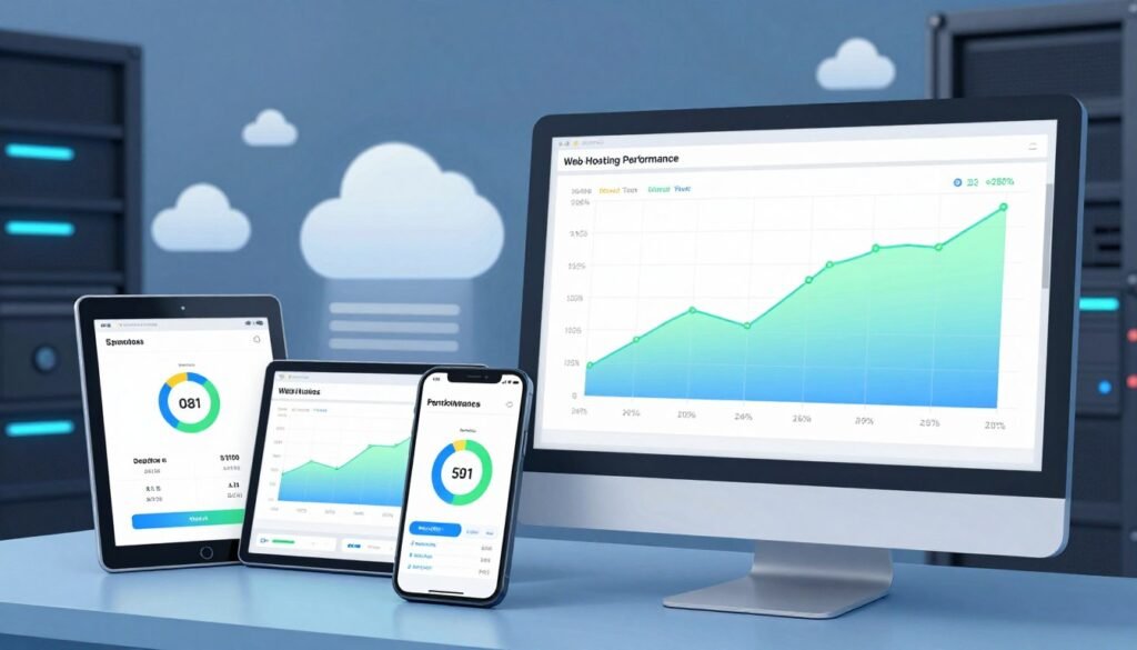 An illustrative image showcasing web hosting performance, with a focus on uptime and speed tests. In the foreground, display a sleek computer monitor displaying colorful, dynamic graphs illustrating uptime percentages and speed metrics, with bright green and blue tones to symbolize high performance. The middle layer features a digital tablet and smartphone, each showing real-time speed test results and server health indicators. In the background, incorporate abstract cloud motifs and server racks subtly faded to create depth, illuminated by soft ambient light for a modern, tech-savvy atmosphere. Use a slightly angled perspective to emphasize the technological theme, with a clean, professional design that communicates reliability and efficiency without any distractions. An illustrative image showcasing web hosting performance, with a focus on uptime and speed tests. In the foreground, display a sleek computer monitor displaying colorful, dynamic graphs illustrating uptime percentages and speed metrics, with bright green and blue tones to symbolize high performance. The middle layer features a digital tablet and smartphone, each showing real-time speed test results and server health indicators. In the background, incorporate abstract cloud motifs and server racks subtly faded to create depth, illuminated by soft ambient light for a modern, tech-savvy atmosphere. Use a slightly angled perspective to emphasize the technological theme, with a clean, professional design that communicates reliability and efficiency without any distractions.