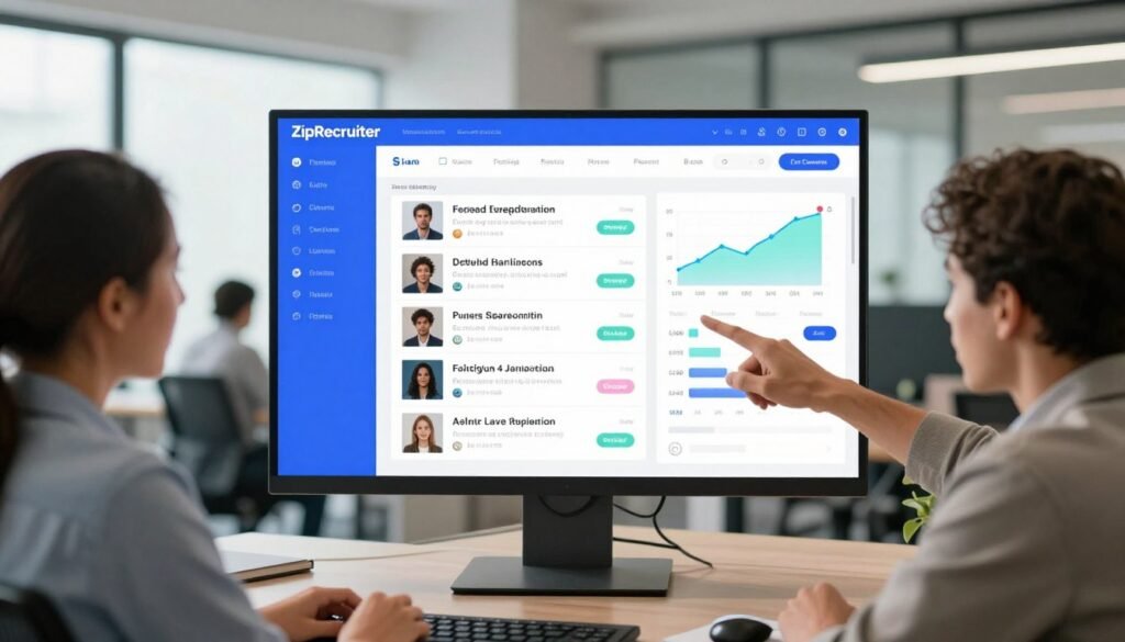 An innovative and modern job search engine interface, featuring a sleek digital dashboard displayed on a large monitor. In the foreground, a diverse group of professionals, including a woman in a business suit and a man in smart casual attire, engaged in a discussion, pointing at the screen with excitement. The middle ground showcases the vibrant layout of ZipRecruiter's platform, displaying various job listings and filtering options with dynamic graphs indicating job trends. The background is an open, contemporary office space with bright lighting from large windows, creating an optimistic and energetic atmosphere. The image conveys a sense of collaboration, modern technology, and opportunity in the job market. An innovative and modern job search engine interface, featuring a sleek digital dashboard displayed on a large monitor. In the foreground, a diverse group of professionals, including a woman in a business suit and a man in smart casual attire, engaged in a discussion, pointing at the screen with excitement. The middle ground showcases the vibrant layout of ZipRecruiter's platform, displaying various job listings and filtering options with dynamic graphs indicating job trends. The background is an open, contemporary office space with bright lighting from large windows, creating an optimistic and energetic atmosphere. The image conveys a sense of collaboration, modern technology, and opportunity in the job market.