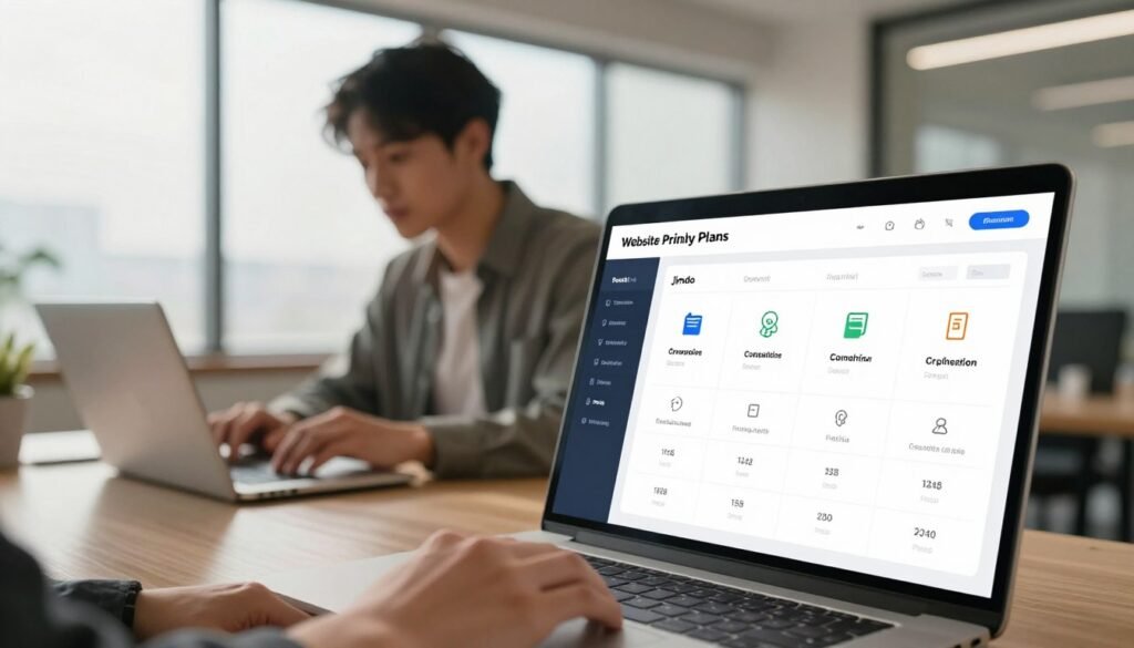 An organized workspace showing a digital pricing structure for website creation plans. In the foreground, a user-friendly dashboard interface displays different pricing tiers and features for Jimdo, with icons symbolizing various services like domain registration, hosting, and support. In the middle ground, a professional looking individual in business attire interacts with a laptop, examining the pricing plans. The background features a modern office environment with soft, natural lighting streaming through large windows, creating a warm and inviting atmosphere. The lens should be slightly angled to emphasize the dashboard while keeping the person in focus. Overall, the mood is informative and professional, reflecting the ease of creating a website with Jimdo. An organized workspace showing a digital pricing structure for website creation plans. In the foreground, a user-friendly dashboard interface displays different pricing tiers and features for Jimdo, with icons symbolizing various services like domain registration, hosting, and support. In the middle ground, a professional looking individual in business attire interacts with a laptop, examining the pricing plans. The background features a modern office environment with soft, natural lighting streaming through large windows, creating a warm and inviting atmosphere. The lens should be slightly angled to emphasize the dashboard while keeping the person in focus. Overall, the mood is informative and professional, reflecting the ease of creating a website with Jimdo.