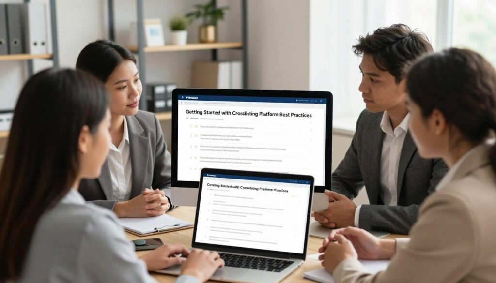 Create an image illustrating the concept of "Getting Started with Crosslisting Platform Best Practices" for a Vendoo-related article. In the foreground, depict a diverse group of three professionals, two women and one man, dressed in smart business attire, engaged in collaborative discussion around a laptop. The middle layer should feature a visually appealing checklist or digital interface on the laptop screen, showcasing tips and best practices for using a crosslisting platform. In the background, include a stylish office setting with shelves displaying various products and successful sales charts, emphasizing a productive atmosphere. Use warm, natural lighting to create an inviting and motivating mood, captured from a slightly elevated angle to provide depth and context to the scene. Create an image illustrating the concept of "Getting Started with Crosslisting Platform Best Practices" for a Vendoo-related article. In the foreground, depict a diverse group of three professionals, two women and one man, dressed in smart business attire, engaged in collaborative discussion around a laptop. The middle layer should feature a visually appealing checklist or digital interface on the laptop screen, showcasing tips and best practices for using a crosslisting platform. In the background, include a stylish office setting with shelves displaying various products and successful sales charts, emphasizing a productive atmosphere. Use warm, natural lighting to create an inviting and motivating mood, captured from a slightly elevated angle to provide depth and context to the scene.