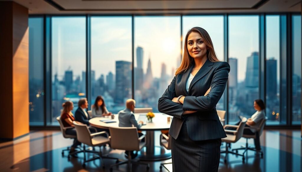 A balanced scene symbolizing professional leadership and personal passion. In the foreground, a confident Arab woman in a tailored business suit stands with her arms crossed, exuding strength and charisma. In the middle ground, an elegant conference room with a round table, where diverse professionals engage in discussion, representing teamwork and collaboration. The background features a large window showcasing a vibrant city skyline, symbolizing ambition and growth. Soft, warm lighting pours in, creating an inviting atmosphere. A lens flare subtly highlights the woman, emphasizing her as a leader. The color palette incorporates rich blues and warm neutrals, instilling a sense of trust and professionalism. The overall mood conveys inspiration and harmony between professional excellence and personal passion. A balanced scene symbolizing professional leadership and personal passion. In the foreground, a confident Arab woman in a tailored business suit stands with her arms crossed, exuding strength and charisma. In the middle ground, an elegant conference room with a round table, where diverse professionals engage in discussion, representing teamwork and collaboration. The background features a large window showcasing a vibrant city skyline, symbolizing ambition and growth. Soft, warm lighting pours in, creating an inviting atmosphere. A lens flare subtly highlights the woman, emphasizing her as a leader. The color palette incorporates rich blues and warm neutrals, instilling a sense of trust and professionalism. The overall mood conveys inspiration and harmony between professional excellence and personal passion.