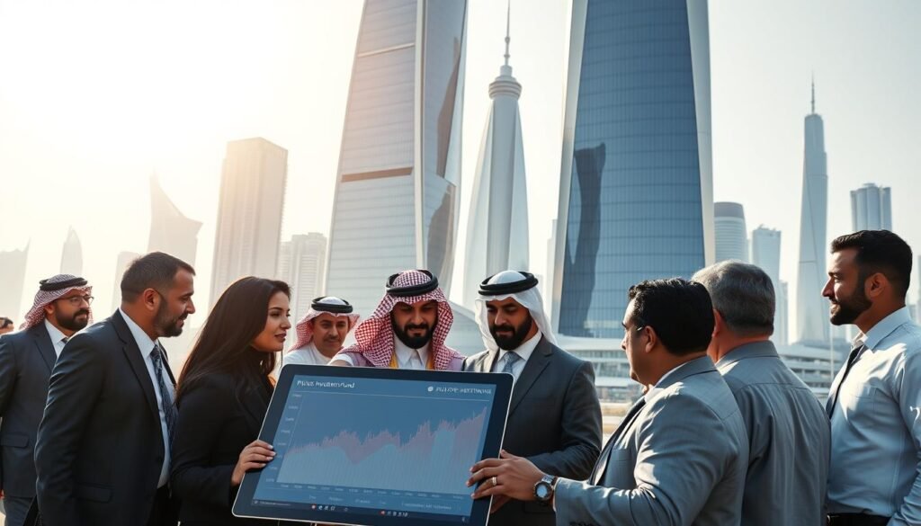 A bustling financial district in Saudi Arabia, featuring a modern skyline with skyscrapers reflecting the sun. In the foreground, a group of diverse professionals in business attire are engaged in a discussion around a large digital tablet displaying financial graphs and charts representing public investment fund transactions. The middle ground shows a sleek, futuristic office building with glass facades, hinting at innovation and economic progress. The background includes iconic landmarks like the Kingdom Tower, symbolizing growth and aspiration. The scene is illuminated by midday sunlight, casting dynamic shadows, creating a vibrant yet professional atmosphere that embodies ambition and forward-thinking in finance. The angle is slightly elevated, capturing both the action and the impressive architecture. A bustling financial district in Saudi Arabia, featuring a modern skyline with skyscrapers reflecting the sun. In the foreground, a group of diverse professionals in business attire are engaged in a discussion around a large digital tablet displaying financial graphs and charts representing public investment fund transactions. The middle ground shows a sleek, futuristic office building with glass facades, hinting at innovation and economic progress. The background includes iconic landmarks like the Kingdom Tower, symbolizing growth and aspiration. The scene is illuminated by midday sunlight, casting dynamic shadows, creating a vibrant yet professional atmosphere that embodies ambition and forward-thinking in finance. The angle is slightly elevated, capturing both the action and the impressive architecture.
