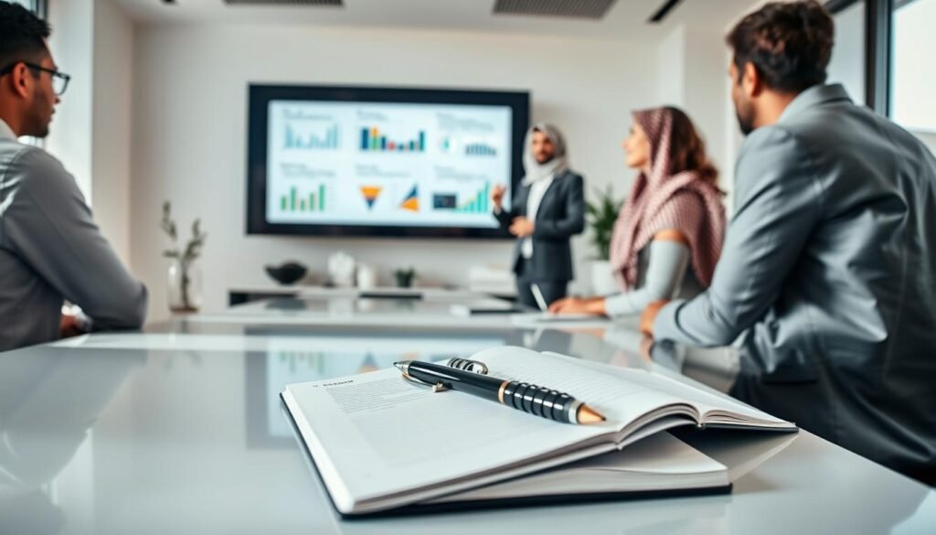 A confident Saudi woman in professional business attire stands at a sleek, modern desk in a bright, airy office. She is engaged in a discussion with colleagues, gesturing towards a digital presentation displayed on a large screen in the background, filled with visually appealing graphs and bullet points. In the foreground, an open notebook and a stylish pen lie on the desk, symbolizing organization and preparedness. The office features large windows that let in natural light, illuminating the room and casting soft shadows. The atmosphere is positive and motivating, reflecting success and collaboration. The camera angle captures the scene from slightly above, giving a dynamic perspective that emphasizes teamwork and professional growth, highlighting practical tips for success in the workplace. A confident Saudi woman in professional business attire stands at a sleek, modern desk in a bright, airy office. She is engaged in a discussion with colleagues, gesturing towards a digital presentation displayed on a large screen in the background, filled with visually appealing graphs and bullet points. In the foreground, an open notebook and a stylish pen lie on the desk, symbolizing organization and preparedness. The office features large windows that let in natural light, illuminating the room and casting soft shadows. The atmosphere is positive and motivating, reflecting success and collaboration. The camera angle captures the scene from slightly above, giving a dynamic perspective that emphasizes teamwork and professional growth, highlighting practical tips for success in the workplace.