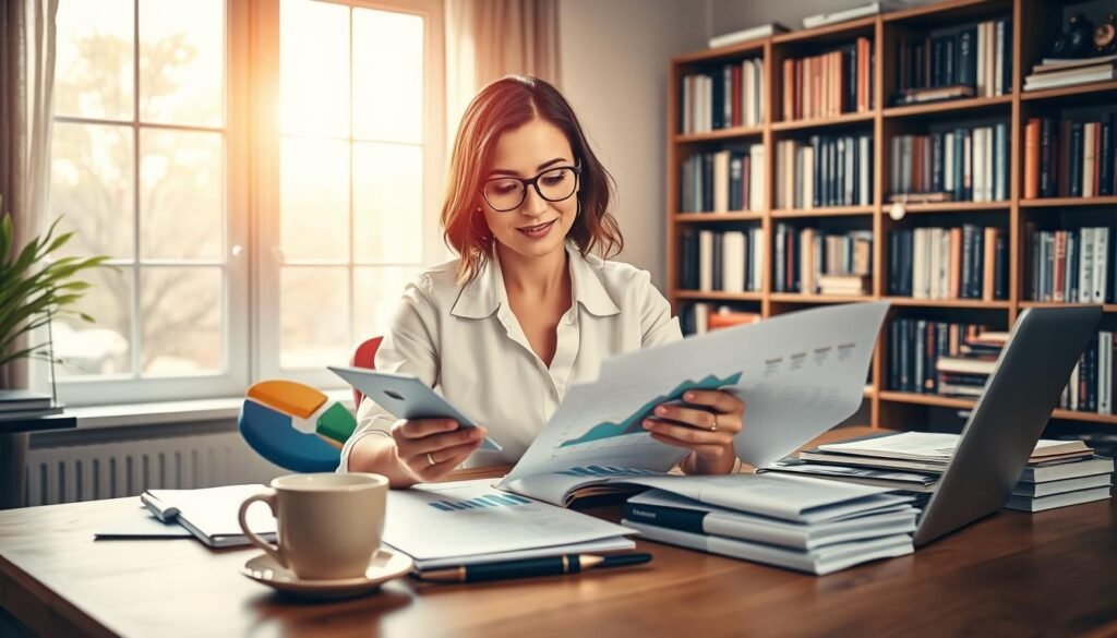A confident woman in professional attire, sitting at a wooden desk cluttered with charts and financial reports, symbolizes financial growth. In the foreground, she is analyzing a pie chart while calculating figures with a calculator, surrounded by a cup of coffee and a laptop glowing with data analysis. The middle ground features a large window with sunlight streaming in, illuminating the space and casting soft shadows, creating a warm and inviting atmosphere. In the background, a bookshelf filled with finance and self-help books emphasizes the theme of knowledge and empowerment. The overall mood is one of determination and success, focusing on women's financial independence and investment strategies. The lens captures a slightly elevated angle to highlight her engagement with her financial journey. A confident woman in professional attire, sitting at a wooden desk cluttered with charts and financial reports, symbolizes financial growth. In the foreground, she is analyzing a pie chart while calculating figures with a calculator, surrounded by a cup of coffee and a laptop glowing with data analysis. The middle ground features a large window with sunlight streaming in, illuminating the space and casting soft shadows, creating a warm and inviting atmosphere. In the background, a bookshelf filled with finance and self-help books emphasizes the theme of knowledge and empowerment. The overall mood is one of determination and success, focusing on women's financial independence and investment strategies. The lens captures a slightly elevated angle to highlight her engagement with her financial journey.