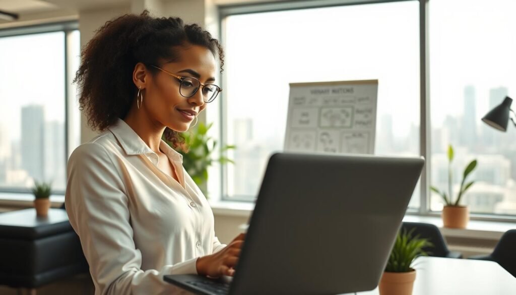 A confident woman in professional attire, standing in a modern office space, is depicted in the foreground, working on her laptop with a focused expression. In the middle ground, there are elements symbolizing growth: a small plant beside her laptop and a vision board filled with ideas and goals. The background shows a bright office with large windows letting in natural light, casting soft shadows to create a motivational atmosphere. Add a hint of city skyline visible through the windows, suggesting opportunity and expansion. The overall mood is inspiring and empowering, highlighting the transition from a side hustle to a full-time business, reflecting determination and success. The image is well-lit, using a soft-focus lens to enhance professionalism. A confident woman in professional attire, standing in a modern office space, is depicted in the foreground, working on her laptop with a focused expression. In the middle ground, there are elements symbolizing growth: a small plant beside her laptop and a vision board filled with ideas and goals. The background shows a bright office with large windows letting in natural light, casting soft shadows to create a motivational atmosphere. Add a hint of city skyline visible through the windows, suggesting opportunity and expansion. The overall mood is inspiring and empowering, highlighting the transition from a side hustle to a full-time business, reflecting determination and success. The image is well-lit, using a soft-focus lens to enhance professionalism.