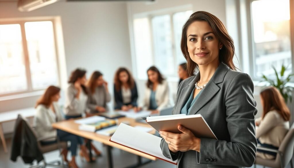 A confident woman in professional business attire stands at the foreground, with a focused expression, holding a notebook and pen, symbolizing leadership and learning. In the middle ground, a diverse group of women gathers around a table filled with leadership materials and books, engaged in discussion and collaboration. In the background, a bright, modern office space features large windows letting in natural light, creating an uplifting atmosphere. Soft, warm lighting enhances the sense of empowerment. The camera angle is slightly elevated, offering a comprehensive view of the scene, portraying unity and determination among women as they navigate leadership skills. The overall mood is inspiring and motivational, emphasizing the theme of effective leadership training for women. A confident woman in professional business attire stands at the foreground, with a focused expression, holding a notebook and pen, symbolizing leadership and learning. In the middle ground, a diverse group of women gathers around a table filled with leadership materials and books, engaged in discussion and collaboration. In the background, a bright, modern office space features large windows letting in natural light, creating an uplifting atmosphere. Soft, warm lighting enhances the sense of empowerment. The camera angle is slightly elevated, offering a comprehensive view of the scene, portraying unity and determination among women as they navigate leadership skills. The overall mood is inspiring and motivational, emphasizing the theme of effective leadership training for women.