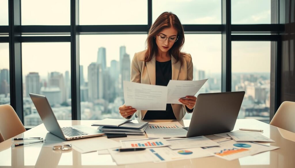 A determined female entrepreneur stands at a sleek conference table, analyzing legal documents and financial reports, surrounded by scattered paperwork, a laptop, and vibrant charts. She wears a smart business outfit, conveying professionalism and confidence. In the background, a city skyline is visible through large glass windows, symbolizing opportunities and challenges. Soft, natural lighting filters into the room, creating a warm yet serious atmosphere. The composition emphasizes her engaged expression, capturing the essence of navigating legal and financial hurdles. The image conveys a sense of empowerment and resilience, illustrating the intricate journey of women entrepreneurs in a contemporary business environment. A determined female entrepreneur stands at a sleek conference table, analyzing legal documents and financial reports, surrounded by scattered paperwork, a laptop, and vibrant charts. She wears a smart business outfit, conveying professionalism and confidence. In the background, a city skyline is visible through large glass windows, symbolizing opportunities and challenges. Soft, natural lighting filters into the room, creating a warm yet serious atmosphere. The composition emphasizes her engaged expression, capturing the essence of navigating legal and financial hurdles. The image conveys a sense of empowerment and resilience, illustrating the intricate journey of women entrepreneurs in a contemporary business environment.