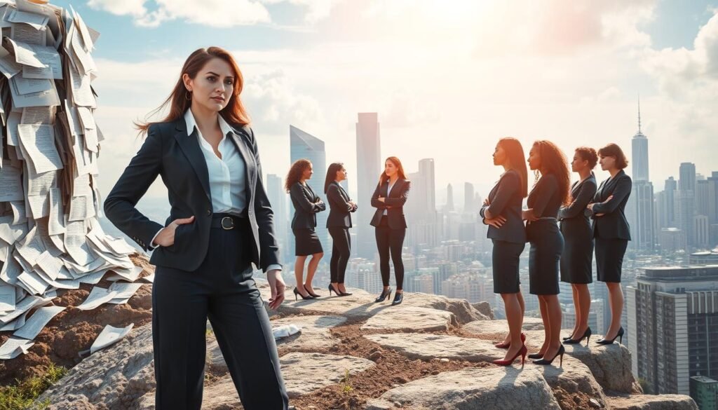 A determined female entrepreneur stands prominently in the foreground, wearing professional business attire, confidently facing several obstacles symbolizing the challenges faced by women in entrepreneurship. These obstacles include a towering wall made of paperwork, a winding path representing uncertainty, and a distant storm symbolizing societal pressures. In the middle ground, a diverse group of women, also in business attire, collaborates and strategizes, showcasing solidarity and support. The background features a vibrant city skyline, reflecting opportunity and aspiration, under a bright, hopeful sky. Soft, natural lighting illuminates the scene, casting gentle shadows, while the angle is slightly upward, emphasizing strength and resilience. The overall mood is one of empowerment, determination, and collaboration, capturing the essence of women's entrepreneurial journeys. A determined female entrepreneur stands prominently in the foreground, wearing professional business attire, confidently facing several obstacles symbolizing the challenges faced by women in entrepreneurship. These obstacles include a towering wall made of paperwork, a winding path representing uncertainty, and a distant storm symbolizing societal pressures. In the middle ground, a diverse group of women, also in business attire, collaborates and strategizes, showcasing solidarity and support. The background features a vibrant city skyline, reflecting opportunity and aspiration, under a bright, hopeful sky. Soft, natural lighting illuminates the scene, casting gentle shadows, while the angle is slightly upward, emphasizing strength and resilience. The overall mood is one of empowerment, determination, and collaboration, capturing the essence of women's entrepreneurial journeys.