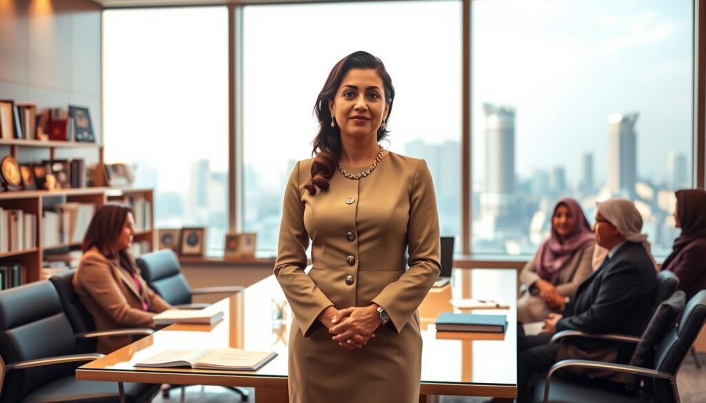 A dignified female figure representing Princess Moudi bint Khalid Al Saud, dressed in elegant professional attire, stands confidently in an office setting filled with books and philanthropic awards, symbolizing her career and governance contributions. In the foreground, she is engaged in a thoughtful discussion with diverse professionals, showcasing collaboration. The middle ground includes a beautifully illuminated conference table adorned with documents and a laptop, reflecting a dynamic work environment. In the background, large windows reveal a vibrant city skyline, representing progress and community impact. The atmosphere is warm and inspiring, with soft, natural lighting highlighting the subjects’ expressions of purpose and dedication, captured from a slightly elevated angle to convey importance and reverence. A dignified female figure representing Princess Moudi bint Khalid Al Saud, dressed in elegant professional attire, stands confidently in an office setting filled with books and philanthropic awards, symbolizing her career and governance contributions. In the foreground, she is engaged in a thoughtful discussion with diverse professionals, showcasing collaboration. The middle ground includes a beautifully illuminated conference table adorned with documents and a laptop, reflecting a dynamic work environment. In the background, large windows reveal a vibrant city skyline, representing progress and community impact. The atmosphere is warm and inspiring, with soft, natural lighting highlighting the subjects’ expressions of purpose and dedication, captured from a slightly elevated angle to convey importance and reverence.