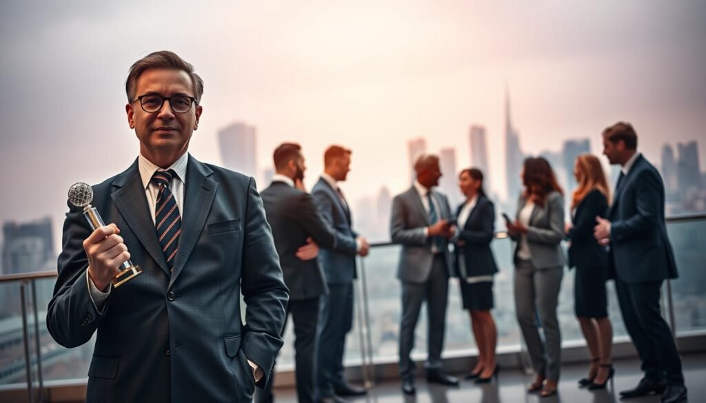 A distinguished individual stands confidently in the foreground, dressed in a sharp business suit, symbolizing achievement and recognition. They hold a prestigious award in one hand, emanating a sense of pride and accomplishment. In the middle ground, a diverse group of professionals, representing various cultures and genders, engage in discussions, sharing ideas and inspirations in an environment of collaboration. The background showcases a modern city skyline, symbolizing a global arena, with landmarks indicating international recognition. Soft, ambient lighting highlights the subjects, creating a warm and inspiring atmosphere. The angle is slightly low, emphasizing the stature of the individuals and the global scale of their achievements, evoking feelings of ambition, success, and unity in the professional realm. A distinguished individual stands confidently in the foreground, dressed in a sharp business suit, symbolizing achievement and recognition. They hold a prestigious award in one hand, emanating a sense of pride and accomplishment. In the middle ground, a diverse group of professionals, representing various cultures and genders, engage in discussions, sharing ideas and inspirations in an environment of collaboration. The background showcases a modern city skyline, symbolizing a global arena, with landmarks indicating international recognition. Soft, ambient lighting highlights the subjects, creating a warm and inspiring atmosphere. The angle is slightly low, emphasizing the stature of the individuals and the global scale of their achievements, evoking feelings of ambition, success, and unity in the professional realm.