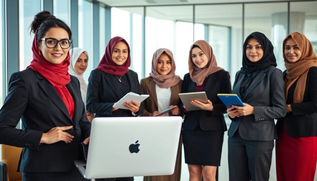 A diverse group of Arab women in professional business attire, each representing a different field such as politics, business, and education. In the foreground, a confident woman in a suit stands with a laptop, symbolizing leadership and innovation. In the middle, two women engage in a discussion, showcasing collaboration and empowerment, one with a notepad and the other using a tablet. The background features a modern office environment with large windows, allowing soft, natural light to fill the room, creating an inspiring atmosphere. The mood is one of confidence and determination, highlighting success and inspiration among Arab women in leadership roles. Use a wide-angle lens to capture the dynamic interactions, ensuring all subjects are portrayed respectfully and professionally. A diverse group of Arab women in professional business attire, each representing a different field such as politics, business, and education. In the foreground, a confident woman in a suit stands with a laptop, symbolizing leadership and innovation. In the middle, two women engage in a discussion, showcasing collaboration and empowerment, one with a notepad and the other using a tablet. The background features a modern office environment with large windows, allowing soft, natural light to fill the room, creating an inspiring atmosphere. The mood is one of confidence and determination, highlighting success and inspiration among Arab women in leadership roles. Use a wide-angle lens to capture the dynamic interactions, ensuring all subjects are portrayed respectfully and professionally.