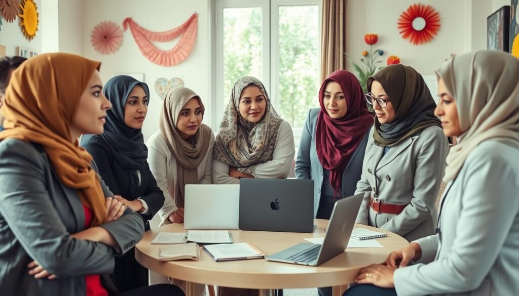 A diverse group of Arab women leaders, dressed in professional business attire, actively engaging in a community discussion. The foreground features three women of different backgrounds, emphasizing unity and empowerment, with focused expressions as they brainstorm ideas. In the middle, a community center setting with vibrant decorations that reflect Arab culture; a round table covered in documents and laptops, symbolizing collaboration and progress. The background shows a sunny window with greenery outside, creating a warm and inviting atmosphere. The lighting is bright yet soft, enhancing the mood of hope and inspiration. The image captures the essence of impactful leadership and community influence, highlighting the role of Arab women in societal change. A diverse group of Arab women leaders, dressed in professional business attire, actively engaging in a community discussion. The foreground features three women of different backgrounds, emphasizing unity and empowerment, with focused expressions as they brainstorm ideas. In the middle, a community center setting with vibrant decorations that reflect Arab culture; a round table covered in documents and laptops, symbolizing collaboration and progress. The background shows a sunny window with greenery outside, creating a warm and inviting atmosphere. The lighting is bright yet soft, enhancing the mood of hope and inspiration. The image captures the essence of impactful leadership and community influence, highlighting the role of Arab women in societal change.
