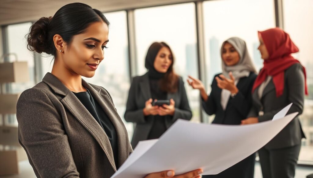 A diverse group of Arab women leaders in a modern office setting, showcasing empowerment and collaboration. In the foreground, a confident woman in business attire, reviewing documents with a thoughtful expression. In the middle, two women engaged in a dynamic discussion, one gesturing passionately, while the other listens intently, both dressed professionally. In the background, a large window reveals a city skyline, symbolizing ambition and opportunity. Soft, natural lighting filters through, creating a warm and inviting atmosphere. The overall mood is one of inspiration, hope, and determination, highlighting the significant role of women in leadership within the Arab world. A diverse group of Arab women leaders in a modern office setting, showcasing empowerment and collaboration. In the foreground, a confident woman in business attire, reviewing documents with a thoughtful expression. In the middle, two women engaged in a dynamic discussion, one gesturing passionately, while the other listens intently, both dressed professionally. In the background, a large window reveals a city skyline, symbolizing ambition and opportunity. Soft, natural lighting filters through, creating a warm and inviting atmosphere. The overall mood is one of inspiration, hope, and determination, highlighting the significant role of women in leadership within the Arab world.