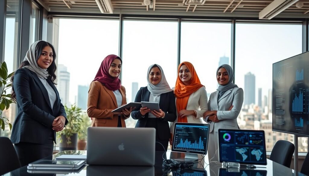 A diverse group of Arab women leaders in technology and entrepreneurship, standing confidently in a modern office environment. In the foreground, three women of different ethnic backgrounds are engaged in discussion, wearing professional business attire, showcasing determination and innovation. The middle ground features laptops, tablets, and digital screens displaying data and graphs, symbolizing progress in the tech industry. The background has large windows allowing natural light to flood the room, revealing a city skyline further emphasizing modernity and ambition. The atmosphere is vibrant and inspiring, reflecting a sense of empowerment, collaboration, and forward-thinking in the realm of technology and business. The composition should be captured with a wide-angle lens to include all elements harmoniously. A diverse group of Arab women leaders in technology and entrepreneurship, standing confidently in a modern office environment. In the foreground, three women of different ethnic backgrounds are engaged in discussion, wearing professional business attire, showcasing determination and innovation. The middle ground features laptops, tablets, and digital screens displaying data and graphs, symbolizing progress in the tech industry. The background has large windows allowing natural light to flood the room, revealing a city skyline further emphasizing modernity and ambition. The atmosphere is vibrant and inspiring, reflecting a sense of empowerment, collaboration, and forward-thinking in the realm of technology and business. The composition should be captured with a wide-angle lens to include all elements harmoniously.