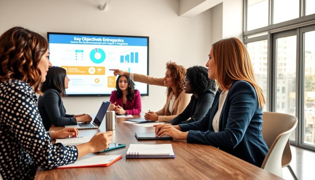 A diverse group of professional women engaged in a collaborative business meeting, sitting around a modern conference table. One woman, displaying leadership, points at a digital presentation projected on a wall, showcasing vibrant infographics and key objectives of entrepreneurial support programs. In the foreground, close-up details of notepads and laptops highlight business strategies. The middle ground features women in professional attire, actively discussing and brainstorming. The background is a bright, airy office with large windows allowing natural light, creating an optimistic and empowering atmosphere. The overall mood is dynamic and inspiring, emphasizing teamwork, innovation, and the essential goals of supporting women entrepreneurs. A diverse group of professional women engaged in a collaborative business meeting, sitting around a modern conference table. One woman, displaying leadership, points at a digital presentation projected on a wall, showcasing vibrant infographics and key objectives of entrepreneurial support programs. In the foreground, close-up details of notepads and laptops highlight business strategies. The middle ground features women in professional attire, actively discussing and brainstorming. The background is a bright, airy office with large windows allowing natural light, creating an optimistic and empowering atmosphere. The overall mood is dynamic and inspiring, emphasizing teamwork, innovation, and the essential goals of supporting women entrepreneurs.