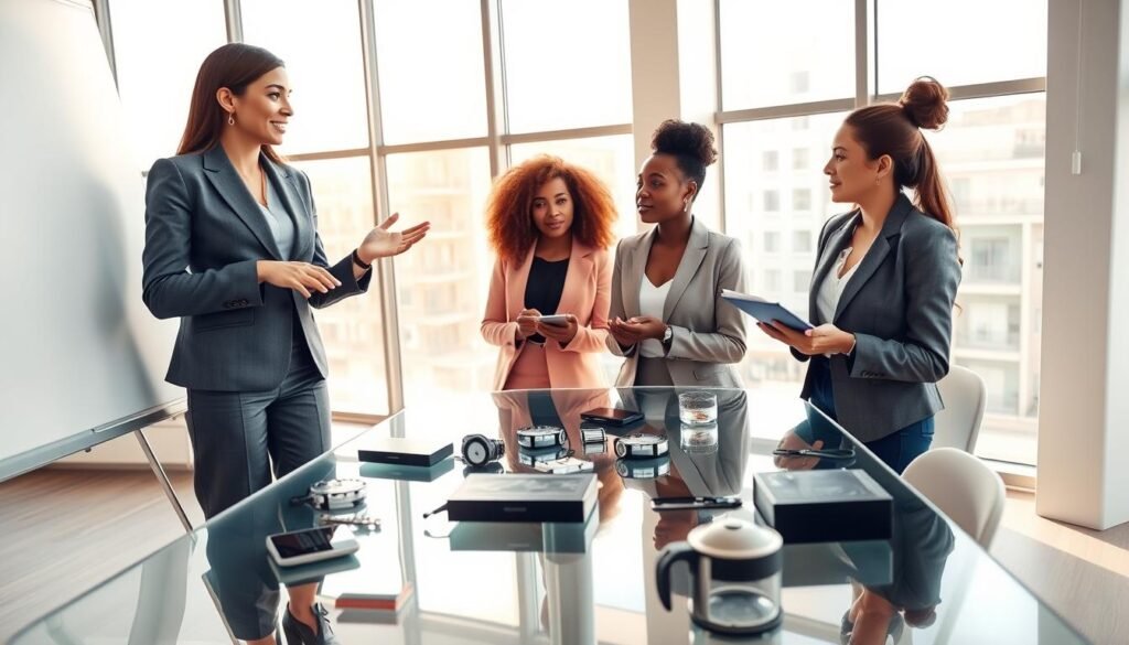 A diverse group of three women is gathered in a modern, bright office space, showcasing leadership in entrepreneurship and innovation. In the foreground, one woman of Middle Eastern descent, wearing a smart business suit, is standing confidently at a whiteboard, enthusiastically presenting a strategic plan. Two other women, one African and one Asian, are seated at a sleek glass table, taking notes and exchanging ideas, dressed in professional yet stylish attire. The middle ground features high-tech gadgets and innovative prototypes scattered on the table, symbolizing creativity and progress. In the background, large windows allow warm daylight to flood the room, creating an uplifting and inspiring atmosphere. The camera angle is slightly elevated, capturing both the action and the collaborative spirit, while the overall mood is one of empowerment, teamwork, and forward-thinking ambition. A diverse group of three women is gathered in a modern, bright office space, showcasing leadership in entrepreneurship and innovation. In the foreground, one woman of Middle Eastern descent, wearing a smart business suit, is standing confidently at a whiteboard, enthusiastically presenting a strategic plan. Two other women, one African and one Asian, are seated at a sleek glass table, taking notes and exchanging ideas, dressed in professional yet stylish attire. The middle ground features high-tech gadgets and innovative prototypes scattered on the table, symbolizing creativity and progress. In the background, large windows allow warm daylight to flood the room, creating an uplifting and inspiring atmosphere. The camera angle is slightly elevated, capturing both the action and the collaborative spirit, while the overall mood is one of empowerment, teamwork, and forward-thinking ambition.