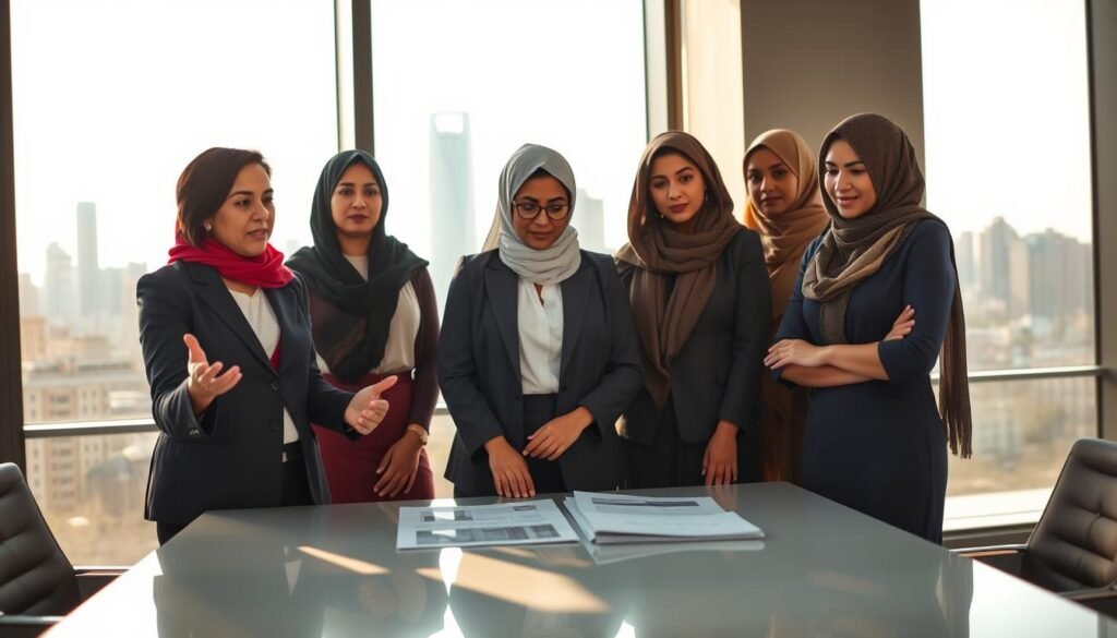 A diverse group of women representing various Arab cultures stands confidently in a modern office setting, showcasing empowerment and collaboration. In the foreground, a woman of Middle Eastern descent, dressed in smart business attire, gestures passionately as she leads a discussion. In the middle, another woman of North African descent, focused and thoughtful, reviews documents on a sleek conference table. Behind them, large windows reveal a vibrant city skyline, bathed in warm sunlight, symbolizing hope and progress. The atmosphere exudes optimism and determination, with soft shadows and a balanced composition, captured from a slightly low angle to emphasize their leadership and vision for the future. A diverse group of women representing various Arab cultures stands confidently in a modern office setting, showcasing empowerment and collaboration. In the foreground, a woman of Middle Eastern descent, dressed in smart business attire, gestures passionately as she leads a discussion. In the middle, another woman of North African descent, focused and thoughtful, reviews documents on a sleek conference table. Behind them, large windows reveal a vibrant city skyline, bathed in warm sunlight, symbolizing hope and progress. The atmosphere exudes optimism and determination, with soft shadows and a balanced composition, captured from a slightly low angle to emphasize their leadership and vision for the future.