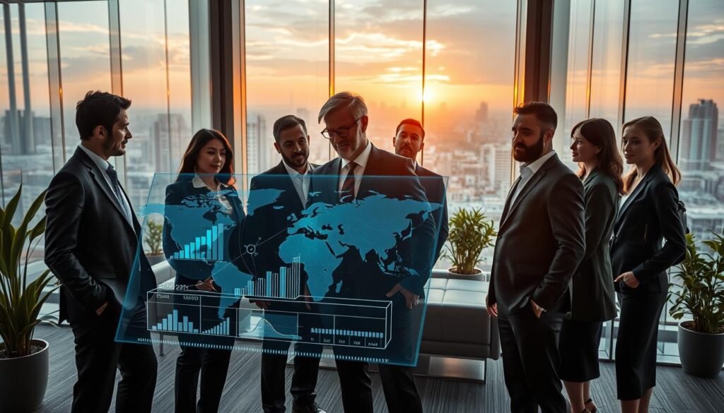 A dynamic and engaging scene depicting innovative leadership and strategic vision. In the foreground, a diverse group of professional individuals, dressed in tailored business attire, are gathered around a high-tech holographic display showcasing futuristic graphs and global maps, symbolizing strategic planning. In the middle ground, a sleek modern office environment filled with glass walls, green plants, and contemporary furniture fosters a collaborative atmosphere. The background features a panoramic city skyline illuminated by sunset, casting warm, golden light throughout the scene. The composition is shot from a slightly elevated angle, enhancing the feeling of unity and vision among the leaders. The overall mood is inspiring and forward-thinking, emphasizing collaboration and progress in a professional setting. A dynamic and engaging scene depicting innovative leadership and strategic vision. In the foreground, a diverse group of professional individuals, dressed in tailored business attire, are gathered around a high-tech holographic display showcasing futuristic graphs and global maps, symbolizing strategic planning. In the middle ground, a sleek modern office environment filled with glass walls, green plants, and contemporary furniture fosters a collaborative atmosphere. The background features a panoramic city skyline illuminated by sunset, casting warm, golden light throughout the scene. The composition is shot from a slightly elevated angle, enhancing the feeling of unity and vision among the leaders. The overall mood is inspiring and forward-thinking, emphasizing collaboration and progress in a professional setting.