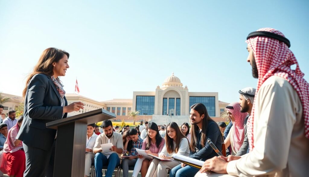 A dynamic and inspiring scene depicting the academic journey at King Saud University, highlighting a diverse group of students and faculty engaged in learning. In the foreground, a central figure, a female educator in professional business attire, stands confidently at a podium, engaging with students who are seated and attentively listening. The middle layer showcases a vibrant campus environment with students of various backgrounds studying together, surrounded by iconic university architecture. The background features the university's buildings under a bright blue sky, reflecting a sense of hope and achievement. Soft, natural lighting illuminates the scene, creating an atmosphere of collaboration and dedication to education. Capture this moment from a slightly elevated angle to emphasize the active learning environment. A dynamic and inspiring scene depicting the academic journey at King Saud University, highlighting a diverse group of students and faculty engaged in learning. In the foreground, a central figure, a female educator in professional business attire, stands confidently at a podium, engaging with students who are seated and attentively listening. The middle layer showcases a vibrant campus environment with students of various backgrounds studying together, surrounded by iconic university architecture. The background features the university's buildings under a bright blue sky, reflecting a sense of hope and achievement. Soft, natural lighting illuminates the scene, creating an atmosphere of collaboration and dedication to education. Capture this moment from a slightly elevated angle to emphasize the active learning environment.