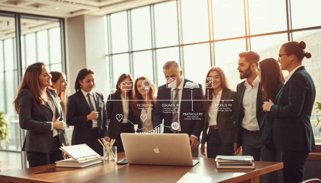 A dynamic career journey visualizing Jomana R. Alrashid's educational background. In the foreground, a diverse group of professionals in business attire, engaged in animated discussions around a large, open laptop displaying graphs and charts. In the middle, a timeline graphic illustrating key educational milestones, like university degrees and courses, overlaid with symbols of knowledge like books and diplomas. The background features a modern office environment with large windows allowing natural light to flood in, creating a bright and optimistic atmosphere. The lighting is warm and inviting, casting soft shadows for depth. The angle is slightly elevated, providing a comprehensive view of the scene, embodying ambition and professional growth. A dynamic career journey visualizing Jomana R. Alrashid's educational background. In the foreground, a diverse group of professionals in business attire, engaged in animated discussions around a large, open laptop displaying graphs and charts. In the middle, a timeline graphic illustrating key educational milestones, like university degrees and courses, overlaid with symbols of knowledge like books and diplomas. The background features a modern office environment with large windows allowing natural light to flood in, creating a bright and optimistic atmosphere. The lighting is warm and inviting, casting soft shadows for depth. The angle is slightly elevated, providing a comprehensive view of the scene, embodying ambition and professional growth.