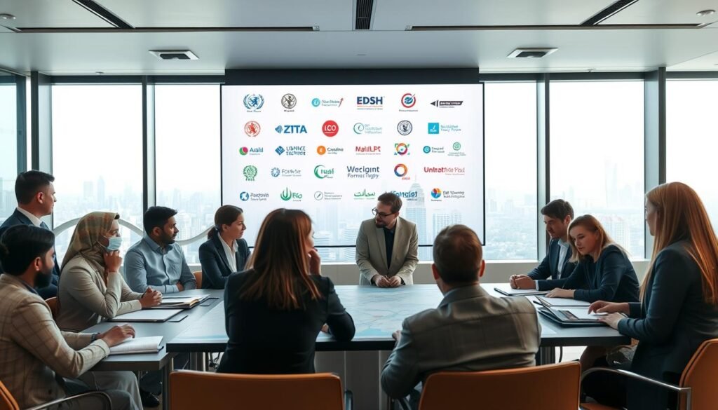 A dynamic conference setting representing partnerships and collaboration with international organizations and government bodies, surrounded by a diverse group of professionals engaged in discussions. In the foreground, a table with maps and documents, symbolizing global cooperation, while diverse individuals in professional business attire collaborate—men and women from various cultural backgrounds. In the middle, a large screen displays logos of international organizations, with a city skyline visible through large windows. In the background, soft, natural light filters in, creating a warm atmosphere that fosters collaboration and unity. The image captures a sense of optimism and progress, emphasizing global teamwork in empowering women in the Arab world. A dynamic conference setting representing partnerships and collaboration with international organizations and government bodies, surrounded by a diverse group of professionals engaged in discussions. In the foreground, a table with maps and documents, symbolizing global cooperation, while diverse individuals in professional business attire collaborate—men and women from various cultural backgrounds. In the middle, a large screen displays logos of international organizations, with a city skyline visible through large windows. In the background, soft, natural light filters in, creating a warm atmosphere that fosters collaboration and unity. The image captures a sense of optimism and progress, emphasizing global teamwork in empowering women in the Arab world.