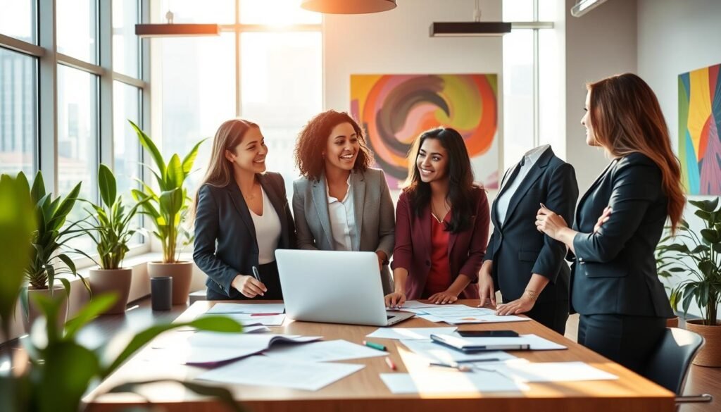 A dynamic scene showcasing successful women entrepreneurs in a modern office environment, embodying inspiration and innovation. In the foreground, a diverse group of three women, dressed in professional business attire, engaged in a lively discussion around a conference table scattered with business documents and a laptop. The middle layer features a bright, open workspace filled with green plants, large windows letting in natural light, and vibrant artwork on the walls, symbolizing creativity. In the background, silhouettes of skyscrapers can be seen through the windows, representing a bustling urban landscape. The lighting is warm and inviting, enhancing a collaborative atmosphere, while the overall mood is energetic and optimistic, reflecting their success stories and ambitions in the world of entrepreneurship. A dynamic scene showcasing successful women entrepreneurs in a modern office environment, embodying inspiration and innovation. In the foreground, a diverse group of three women, dressed in professional business attire, engaged in a lively discussion around a conference table scattered with business documents and a laptop. The middle layer features a bright, open workspace filled with green plants, large windows letting in natural light, and vibrant artwork on the walls, symbolizing creativity. In the background, silhouettes of skyscrapers can be seen through the windows, representing a bustling urban landscape. The lighting is warm and inviting, enhancing a collaborative atmosphere, while the overall mood is energetic and optimistic, reflecting their success stories and ambitions in the world of entrepreneurship.