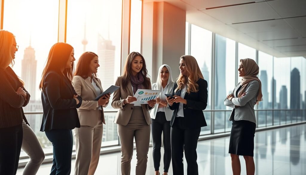 A dynamic scene showcasing the challenges and opportunities faced by female entrepreneurs in a modern business landscape. In the foreground, a diverse group of women in professional business attire engage in a lively discussion, with one presenting ideas on a tablet. The middle ground features a sleek, modern office environment, with vibrant charts and graphs displayed. Bright, natural light streams through large windows, creating an uplifting ambiance. In the background, silhouettes of iconic Saudi landmarks blend with modern skyscrapers, symbolizing the evolving business scene in the Kingdom. The atmosphere conveys determination, innovation, and collaboration, reflecting the transformative changes in the entrepreneurial landscape. A dynamic scene showcasing the challenges and opportunities faced by female entrepreneurs in a modern business landscape. In the foreground, a diverse group of women in professional business attire engage in a lively discussion, with one presenting ideas on a tablet. The middle ground features a sleek, modern office environment, with vibrant charts and graphs displayed. Bright, natural light streams through large windows, creating an uplifting ambiance. In the background, silhouettes of iconic Saudi landmarks blend with modern skyscrapers, symbolizing the evolving business scene in the Kingdom. The atmosphere conveys determination, innovation, and collaboration, reflecting the transformative changes in the entrepreneurial landscape.