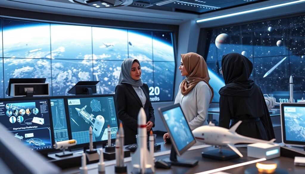 A futuristic control center showcasing Arab women scientists and engineers collaborating on space technology and exploration. In the foreground, a group of three professional women, dressed in smart business attire, are gathered around a large digital screen displaying satellite data and images of space missions. The middle ground features high-tech equipment and models of rockets and spacecraft, highlighting the advancements in space technology. The background reveals a panoramic view of outer space through large windows, filled with stars and planets. Soft blue and silver lighting creates a high-tech, inspiring atmosphere, emphasizing innovation and teamwork in the field of space exploration. The angle is slightly elevated, providing a comprehensive view of the scene while maintaining a sense of focus on the women’s achievements. A futuristic control center showcasing Arab women scientists and engineers collaborating on space technology and exploration. In the foreground, a group of three professional women, dressed in smart business attire, are gathered around a large digital screen displaying satellite data and images of space missions. The middle ground features high-tech equipment and models of rockets and spacecraft, highlighting the advancements in space technology. The background reveals a panoramic view of outer space through large windows, filled with stars and planets. Soft blue and silver lighting creates a high-tech, inspiring atmosphere, emphasizing innovation and teamwork in the field of space exploration. The angle is slightly elevated, providing a comprehensive view of the scene while maintaining a sense of focus on the women’s achievements.