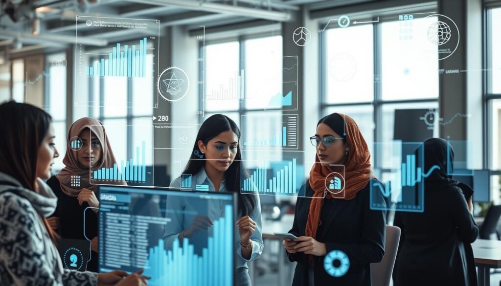 A futuristic office environment filled with statistical data visualizations and artificial intelligence elements. In the foreground, a diverse group of professional individuals, including women from Middle Eastern and North African backgrounds, are engaged in collaborative work, analyzing data on digital screens. The middle ground showcases holographic graphs, charts, and AI algorithms projected into the air, emphasizing the impact of technology on statistics. The background features a modern office setting with large windows, allowing natural light to illuminate the scene, creating a bright and optimistic atmosphere. The image is captured with a slightly tilted angle to add depth, enhancing the dynamic feel of innovation in statistical work. The overall mood is one of empowerment, collaboration, and technological advancement. A futuristic office environment filled with statistical data visualizations and artificial intelligence elements. In the foreground, a diverse group of professional individuals, including women from Middle Eastern and North African backgrounds, are engaged in collaborative work, analyzing data on digital screens. The middle ground showcases holographic graphs, charts, and AI algorithms projected into the air, emphasizing the impact of technology on statistics. The background features a modern office setting with large windows, allowing natural light to illuminate the scene, creating a bright and optimistic atmosphere. The image is captured with a slightly tilted angle to add depth, enhancing the dynamic feel of innovation in statistical work. The overall mood is one of empowerment, collaboration, and technological advancement.