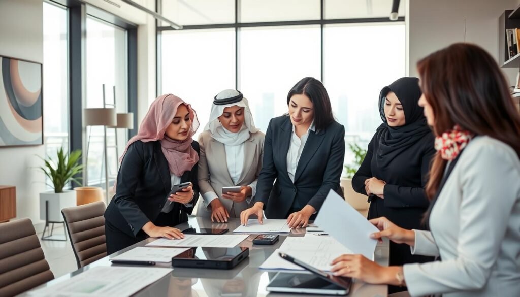 A group of Saudi businesswomen engaged in a collaborative meeting, showcasing their dynamic contributions to the entrepreneurial landscape. In the foreground, three women dressed in elegant, professional business attire, representing diverse backgrounds and styles, actively discussing over a table filled with documents and digital devices. In the middle ground, a sleek modern office environment with large windows revealing a view of a city skyline, depicting innovation and growth, while natural light filters in to create a warm and inviting atmosphere. In the background, subtle hints of contemporary artwork and greenery, symbolizing creativity and sustainability. The overall mood is empowering and inspiring, highlighting the achievements and aspirations of women in business. A group of Saudi businesswomen engaged in a collaborative meeting, showcasing their dynamic contributions to the entrepreneurial landscape. In the foreground, three women dressed in elegant, professional business attire, representing diverse backgrounds and styles, actively discussing over a table filled with documents and digital devices. In the middle ground, a sleek modern office environment with large windows revealing a view of a city skyline, depicting innovation and growth, while natural light filters in to create a warm and inviting atmosphere. In the background, subtle hints of contemporary artwork and greenery, symbolizing creativity and sustainability. The overall mood is empowering and inspiring, highlighting the achievements and aspirations of women in business.
