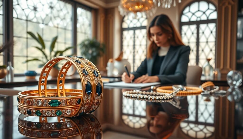 A luxurious jewelry design studio featuring elegant pieces from Nuun Jewels. In the foreground, showcase a close-up of intricately designed gold bangles adorned with sapphires and emeralds, reflecting light beautifully. The middle ground displays a skilled designer, a woman dressed in professional business attire, sketching jewelry concepts at a polished wooden desk, surrounded by sparkling gemstones and design tools. In the background, large windows allow natural light to flood the space, highlighting the opulence of the studio with soft, warm tones. The atmosphere feels creative and inspiring, embodying the global impact of Nuun Jewels. Capture this scene with a soft-focus lens, enhancing the elegance and sophistication of the jewelry and the designer's artistry. A luxurious jewelry design studio featuring elegant pieces from Nuun Jewels. In the foreground, showcase a close-up of intricately designed gold bangles adorned with sapphires and emeralds, reflecting light beautifully. The middle ground displays a skilled designer, a woman dressed in professional business attire, sketching jewelry concepts at a polished wooden desk, surrounded by sparkling gemstones and design tools. In the background, large windows allow natural light to flood the space, highlighting the opulence of the studio with soft, warm tones. The atmosphere feels creative and inspiring, embodying the global impact of Nuun Jewels. Capture this scene with a soft-focus lens, enhancing the elegance and sophistication of the jewelry and the designer's artistry.