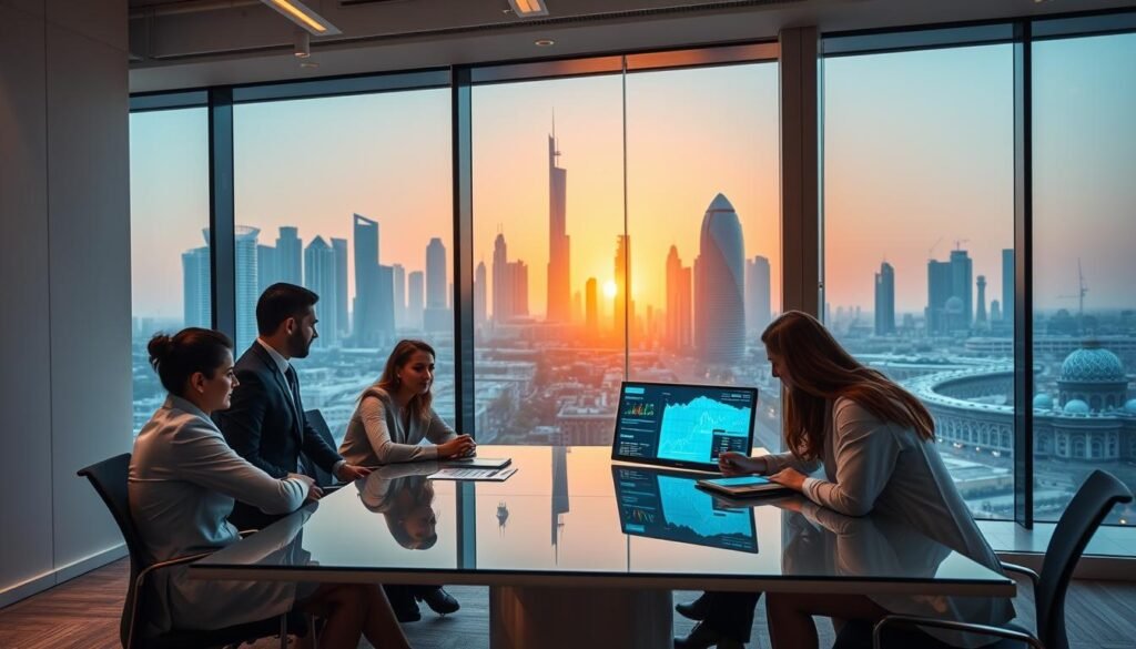 A modern financial office scene showcasing innovative banking and finance solutions in Saudi Arabia. In the foreground, a diverse group of professionals in business attire collaborates around a sleek conference table, analyzing data on advanced digital screens. The middle ground features an impressive skyline of Riyadh with contemporary architecture, symbolizing progress and development in ground services. The background highlights a vibrant sunset casting a golden glow over the city, enhancing the atmosphere of innovation and opportunity. Soft, warm lighting illuminates the space, reflecting a professional yet inviting mood. The angle is slightly elevated, capturing the dynamic interaction among the professionals and the stunning architecture outside the large glass windows. A modern financial office scene showcasing innovative banking and finance solutions in Saudi Arabia. In the foreground, a diverse group of professionals in business attire collaborates around a sleek conference table, analyzing data on advanced digital screens. The middle ground features an impressive skyline of Riyadh with contemporary architecture, symbolizing progress and development in ground services. The background highlights a vibrant sunset casting a golden glow over the city, enhancing the atmosphere of innovation and opportunity. Soft, warm lighting illuminates the space, reflecting a professional yet inviting mood. The angle is slightly elevated, capturing the dynamic interaction among the professionals and the stunning architecture outside the large glass windows.