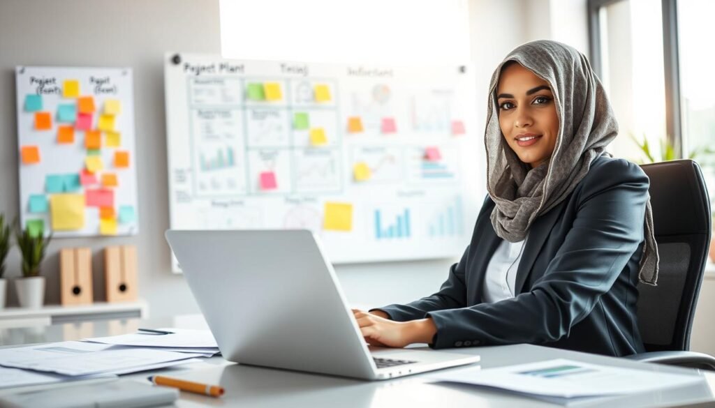 A modern office setting illustrating the concept of creating a successful business plan. In the foreground, a confident Saudi woman in professional attire sits at a sleek desk, surrounded by papers and a laptop displaying charts and graphs. She is brainstorming, with a look of determination. In the middle ground, a large whiteboard filled with colorful post-it notes and diagrams outlines project management strategies. Behind her, a bright window lets in natural light, casting a warm glow over the room. The atmosphere conveys focus and empowerment, with a soft depth of field that emphasizes the subject while keeping the background slightly blurred. The lighting is bright and inviting, highlighting the innovative workspace. A modern office setting illustrating the concept of creating a successful business plan. In the foreground, a confident Saudi woman in professional attire sits at a sleek desk, surrounded by papers and a laptop displaying charts and graphs. She is brainstorming, with a look of determination. In the middle ground, a large whiteboard filled with colorful post-it notes and diagrams outlines project management strategies. Behind her, a bright window lets in natural light, casting a warm glow over the room. The atmosphere conveys focus and empowerment, with a soft depth of field that emphasizes the subject while keeping the background slightly blurred. The lighting is bright and inviting, highlighting the innovative workspace.