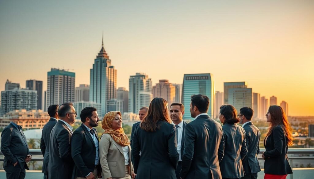 A panoramic view of a vibrant MENA cityscape representing gender diversity in a professional setting. In the foreground, a diverse group of men and women of various ethnic backgrounds in professional business attire are engaged in a collaborative discussion, embodying teamwork and inclusivity. In the middle ground, iconic MENA architecture featuring contemporary buildings juxtaposed with traditional designs reflects the region's rich culture. The background showcases a clear sky at sunset, with warm lighting casting a golden hue over the scene. The atmosphere is dynamic and optimistic, symbolizing progress in gender diversity. The composition should be well-balanced, capturing the essence of a united effort to promote gender equality in the workplace, all with a focus on professionalism and empowerment. A panoramic view of a vibrant MENA cityscape representing gender diversity in a professional setting. In the foreground, a diverse group of men and women of various ethnic backgrounds in professional business attire are engaged in a collaborative discussion, embodying teamwork and inclusivity. In the middle ground, iconic MENA architecture featuring contemporary buildings juxtaposed with traditional designs reflects the region's rich culture. The background showcases a clear sky at sunset, with warm lighting casting a golden hue over the scene. The atmosphere is dynamic and optimistic, symbolizing progress in gender diversity. The composition should be well-balanced, capturing the essence of a united effort to promote gender equality in the workplace, all with a focus on professionalism and empowerment.