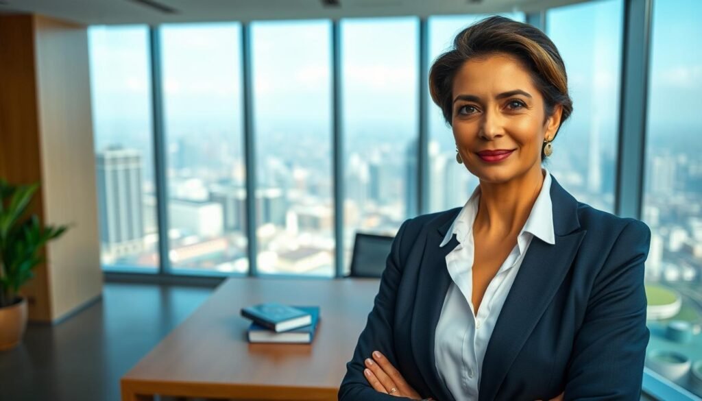 A poised, confident middle-aged woman, Thoraya Ahmed Obaid, stands in a modern office setting, exuding professionalism and leadership. She is wearing a stylish navy business suit, with a white blouse, and has her hair neatly styled. In the foreground, her facial expression displays a sense of determination and wisdom. The middle ground features a sleek wooden desk adorned with books and a laptop, symbolizing her impactful career. Behind her, large windows reveal a panoramic view of a vibrant city skyline, hinting at international influence and connectivity. The lighting is soft yet bright, creating an inspiring atmosphere. The angle captures her in a three-quarters profile, showcasing both her strength and approachability, embodying the essence of a trailblazer in her field. A poised, confident middle-aged woman, Thoraya Ahmed Obaid, stands in a modern office setting, exuding professionalism and leadership. She is wearing a stylish navy business suit, with a white blouse, and has her hair neatly styled. In the foreground, her facial expression displays a sense of determination and wisdom. The middle ground features a sleek wooden desk adorned with books and a laptop, symbolizing her impactful career. Behind her, large windows reveal a panoramic view of a vibrant city skyline, hinting at international influence and connectivity. The lighting is soft yet bright, creating an inspiring atmosphere. The angle captures her in a three-quarters profile, showcasing both her strength and approachability, embodying the essence of a trailblazer in her field.
