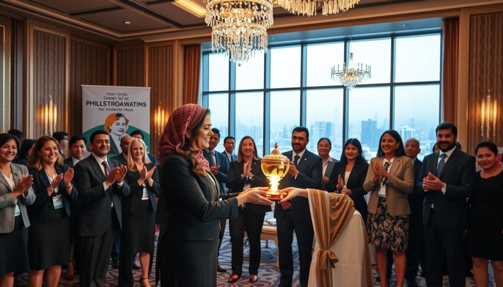A prestigious award ceremony honoring philanthropic achievements, featuring a diverse group of individuals in professional business attire, standing in a lavish hall adorned with elegant decorations. In the foreground, a gracious female figure, representing Princess Lamia bint Majed Al Saud, is receiving a glowing trophy, symbolizing her global recognition for humanitarian efforts. Soft spotlighting creates a warm, inspiring atmosphere, illuminating the joy and pride on the faces around her. The middle ground captures attendees clapping and smiling, with banners highlighting charitable causes. In the background, a large window offers a view of a vibrant city skyline, symbolizing international impact. The scene conveys a feel-good mood, emphasizing hope, compassion, and collective achievement. A prestigious award ceremony honoring philanthropic achievements, featuring a diverse group of individuals in professional business attire, standing in a lavish hall adorned with elegant decorations. In the foreground, a gracious female figure, representing Princess Lamia bint Majed Al Saud, is receiving a glowing trophy, symbolizing her global recognition for humanitarian efforts. Soft spotlighting creates a warm, inspiring atmosphere, illuminating the joy and pride on the faces around her. The middle ground captures attendees clapping and smiling, with banners highlighting charitable causes. In the background, a large window offers a view of a vibrant city skyline, symbolizing international impact. The scene conveys a feel-good mood, emphasizing hope, compassion, and collective achievement.