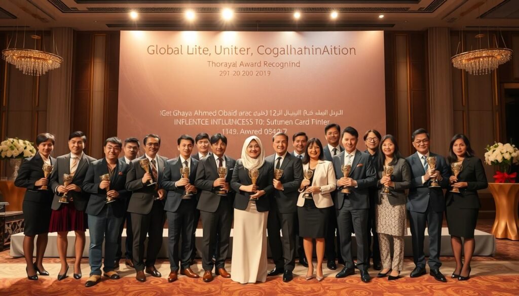 A prestigious awards ceremony scene showcasing global recognition. In the foreground, a diverse group of accomplished individuals dressed in professional business attire stands proudly, holding gleaming trophies and awards. Their expressions reflect pride and inspiration, symbolizing influence and achievements. In the middle ground, a shimmering backdrop features elegant banners highlighting global unity and collaboration, with soft, warm lighting casting an inviting glow. The background reveals a grand, upscale venue adorned with luxurious decorations, softly blurred to keep the focus on the award winners. The atmosphere is celebratory and empowering, with a spotlight effect centered on the group, creating an uplifting and motivational mood. The image captures the essence of recognition and the impact of influential figures like Thoraya Ahmed Obaid, reflecting both local and global significance. A prestigious awards ceremony scene showcasing global recognition. In the foreground, a diverse group of accomplished individuals dressed in professional business attire stands proudly, holding gleaming trophies and awards. Their expressions reflect pride and inspiration, symbolizing influence and achievements. In the middle ground, a shimmering backdrop features elegant banners highlighting global unity and collaboration, with soft, warm lighting casting an inviting glow. The background reveals a grand, upscale venue adorned with luxurious decorations, softly blurred to keep the focus on the award winners. The atmosphere is celebratory and empowering, with a spotlight effect centered on the group, creating an uplifting and motivational mood. The image captures the essence of recognition and the impact of influential figures like Thoraya Ahmed Obaid, reflecting both local and global significance.
