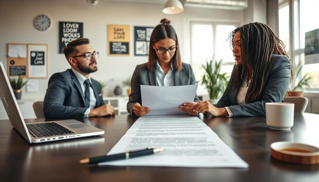 A professional and engaging office environment, with a well-organized desk in the foreground showing a neatly arranged cover letter beside a laptop, a stylish pen, and a cup of coffee. In the middle ground, a diverse group of professionals—two men and one woman—all dressed in business attire, discussing job application strategies over a large document. The background features a bright, modern workspace with potted plants and motivational posters on the walls. Soft, natural lighting filters through large windows, creating an inviting atmosphere, suggesting a sense of collaboration and ambition. The angle is slightly elevated, capturing the dynamics of the discussion and emphasizing the importance of crafting an effective cover letter. A professional and engaging office environment, with a well-organized desk in the foreground showing a neatly arranged cover letter beside a laptop, a stylish pen, and a cup of coffee. In the middle ground, a diverse group of professionals—two men and one woman—all dressed in business attire, discussing job application strategies over a large document. The background features a bright, modern workspace with potted plants and motivational posters on the walls. Soft, natural lighting filters through large windows, creating an inviting atmosphere, suggesting a sense of collaboration and ambition. The angle is slightly elevated, capturing the dynamics of the discussion and emphasizing the importance of crafting an effective cover letter.